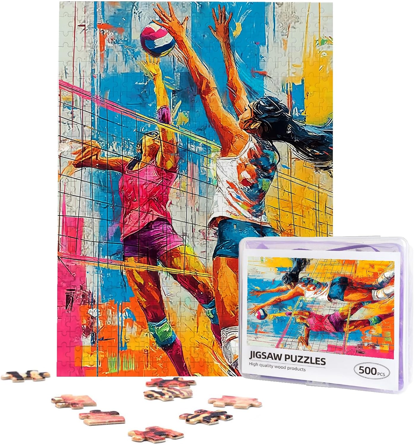 Volleyball Jigsaw Puzzles for Adults 500 Pieces Colorful Graffiti Sports Puzzles Volleyball Wooden Puzzle for Women Men Fun Family Activity Game Challenging Puzzle Home Decoration Gifts