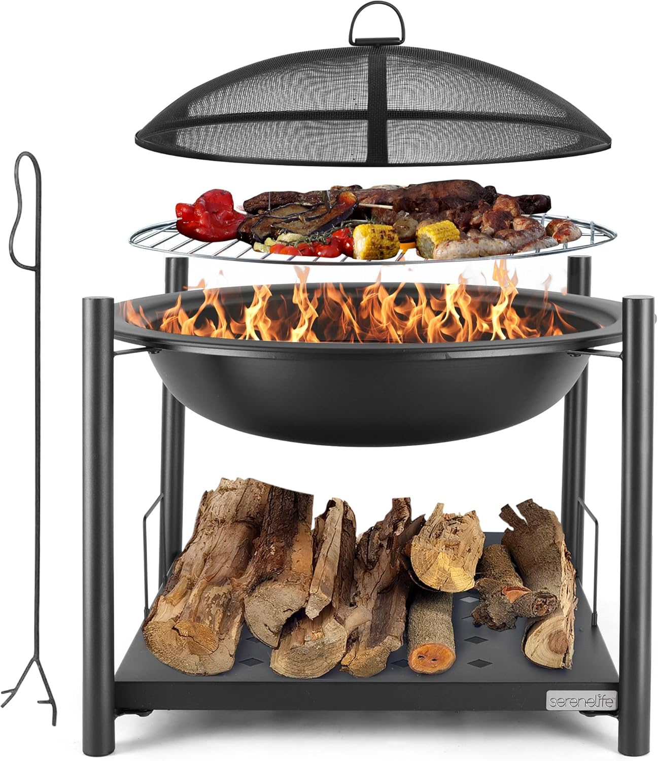 SereneLife 26" Outdoor Wood Fire Pit with BBQ Grill, Mesh Screen, and Wood Storage – Heavy-Duty Steel Frame, Heat-Resistant – Ideal for Bonfires, Camping, and Outdoor Cooking Round