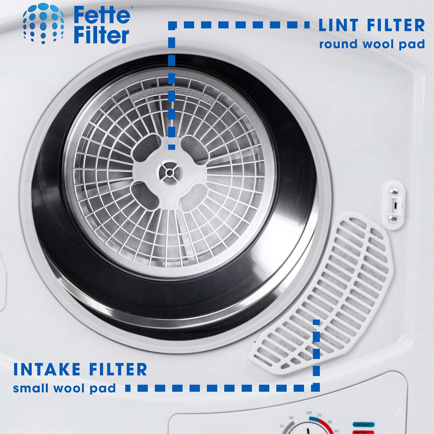 Close-up view of a dryer drum interior, highlighting the circular lint filter (exhaust filter) and the smaller, curved intake filter.