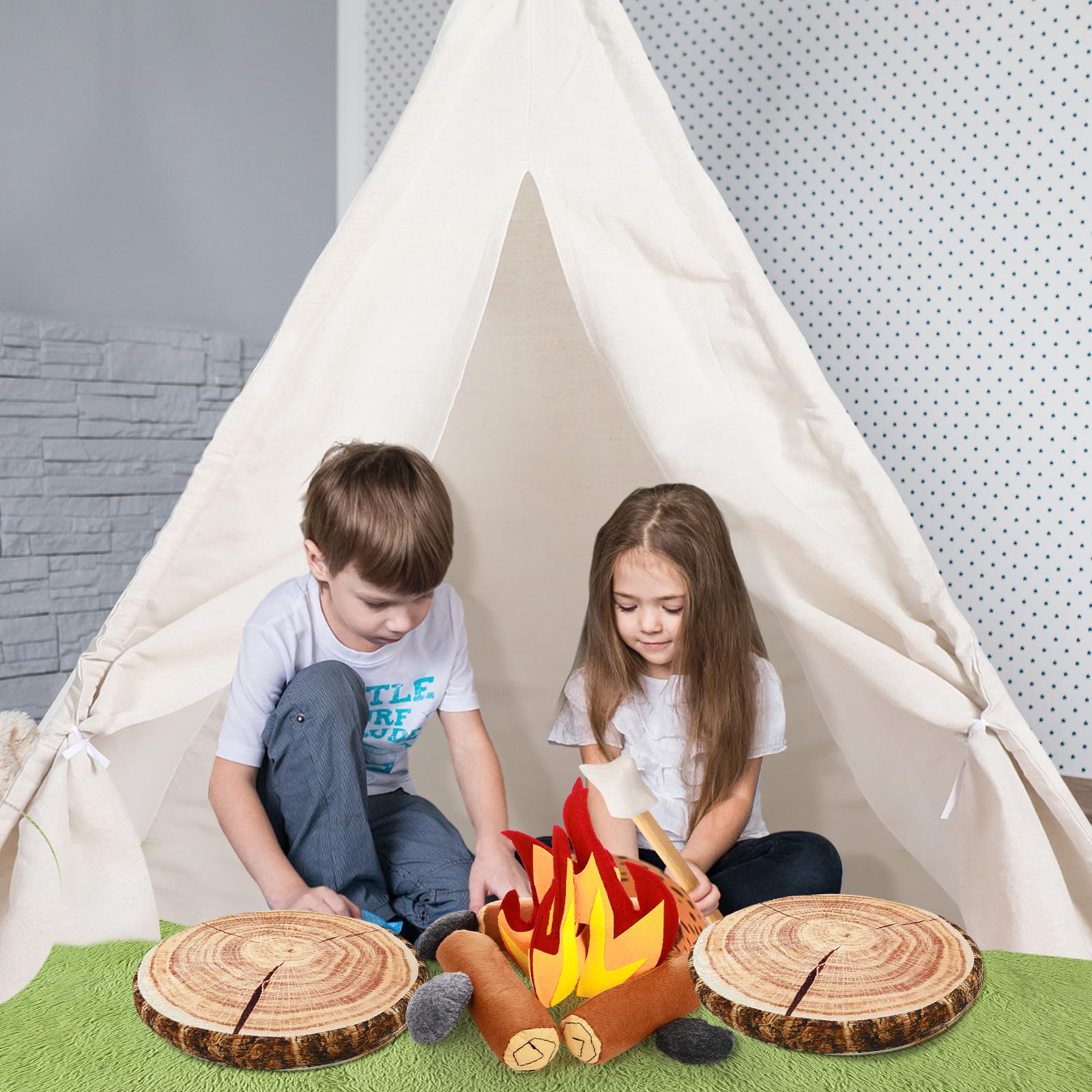 Kigley 27 Pcs Pretend Camping Play Set Includes Kid Teepee Beige Indoor Play Tent Felt Campfire Toys Wooden Print Throw Pillow Floor Cushion Fluffy Carpets for Boy Girl Adult Dramatic Play Decoration - Image 8