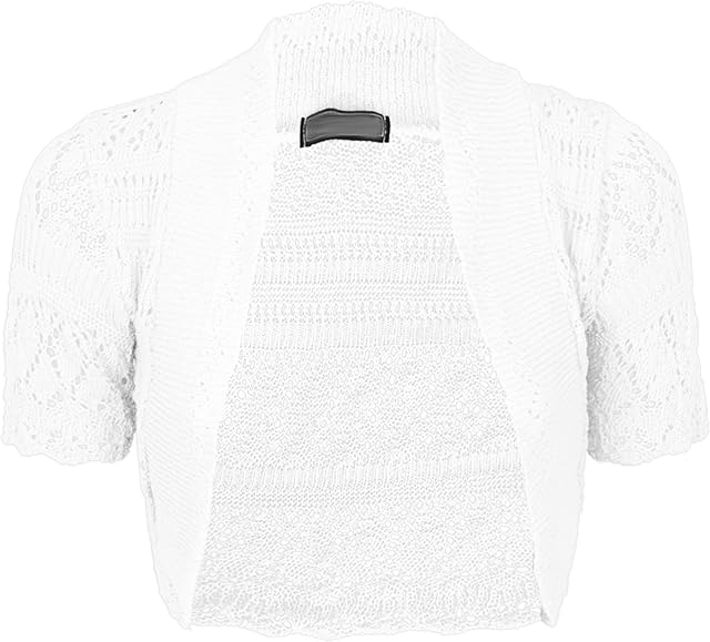 Runway Splash Womens Ladies Knitted Crochet Bolero Shrugs Cardigan Short Sleeves TOP Size 8-18[White,14-16]