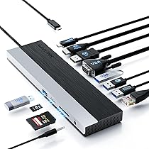 WAVLINK Docking station USB-C 3 monitor, docking station con HDMI, DP, VGA, 100W PD, USB3.0&2.0, RJ45, slot SD, TF, audio, microfono, per Lenovo, HP, Dell ecc. – Grigio
