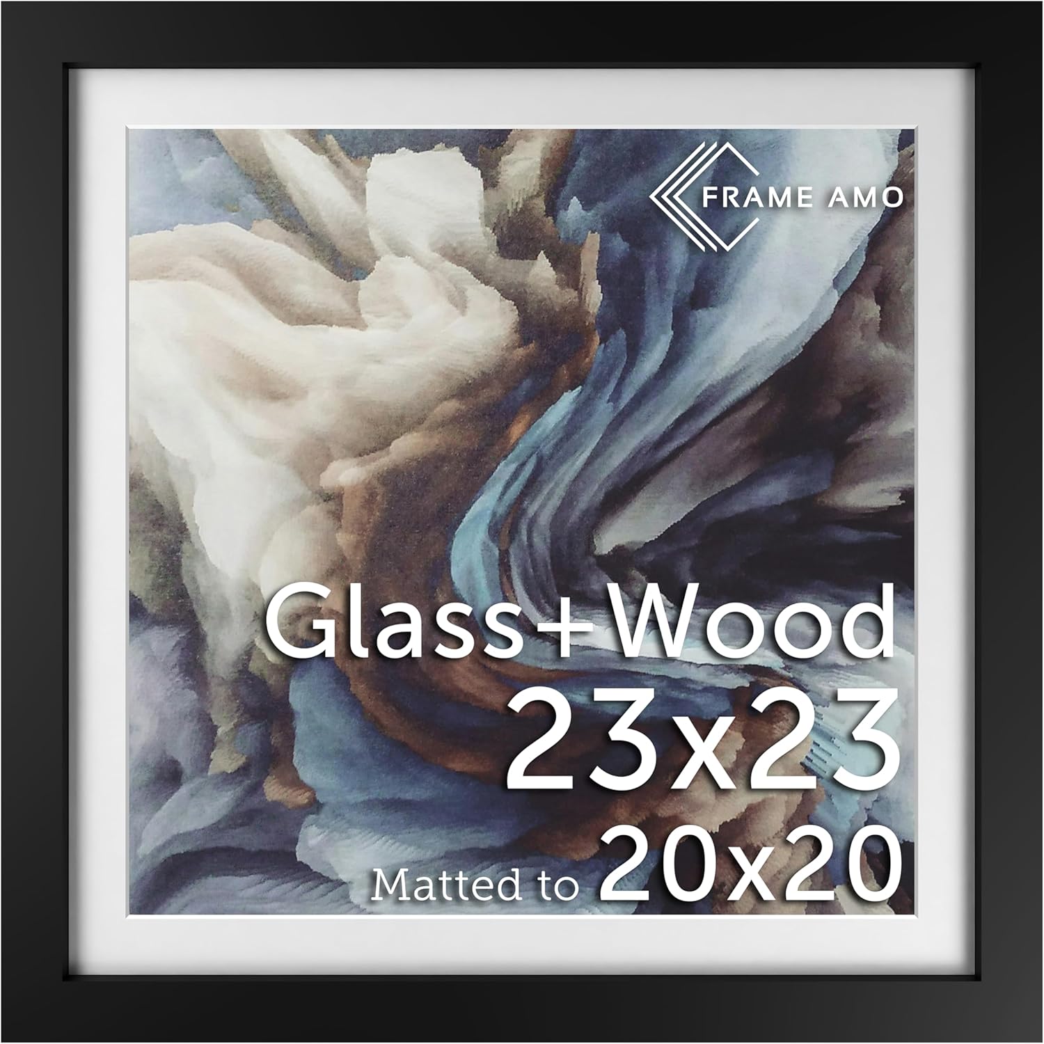 Frame Amo 23x23 Black Solid Wood Poster Frame, White Mat for 20x20 Image, Tempered Glass Front, 1.5 inch Wide, 1 inch Thick, High-End, Heavy-Duty, Gallery Grade & Acid-Free