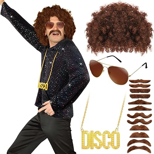 Miniatura 2 de 16 piezas de disfraces de discoteca de los años 70 para hombre, camisas brillantes de discoteca para Halloween, pelucas, collar, bigotes, gafas de