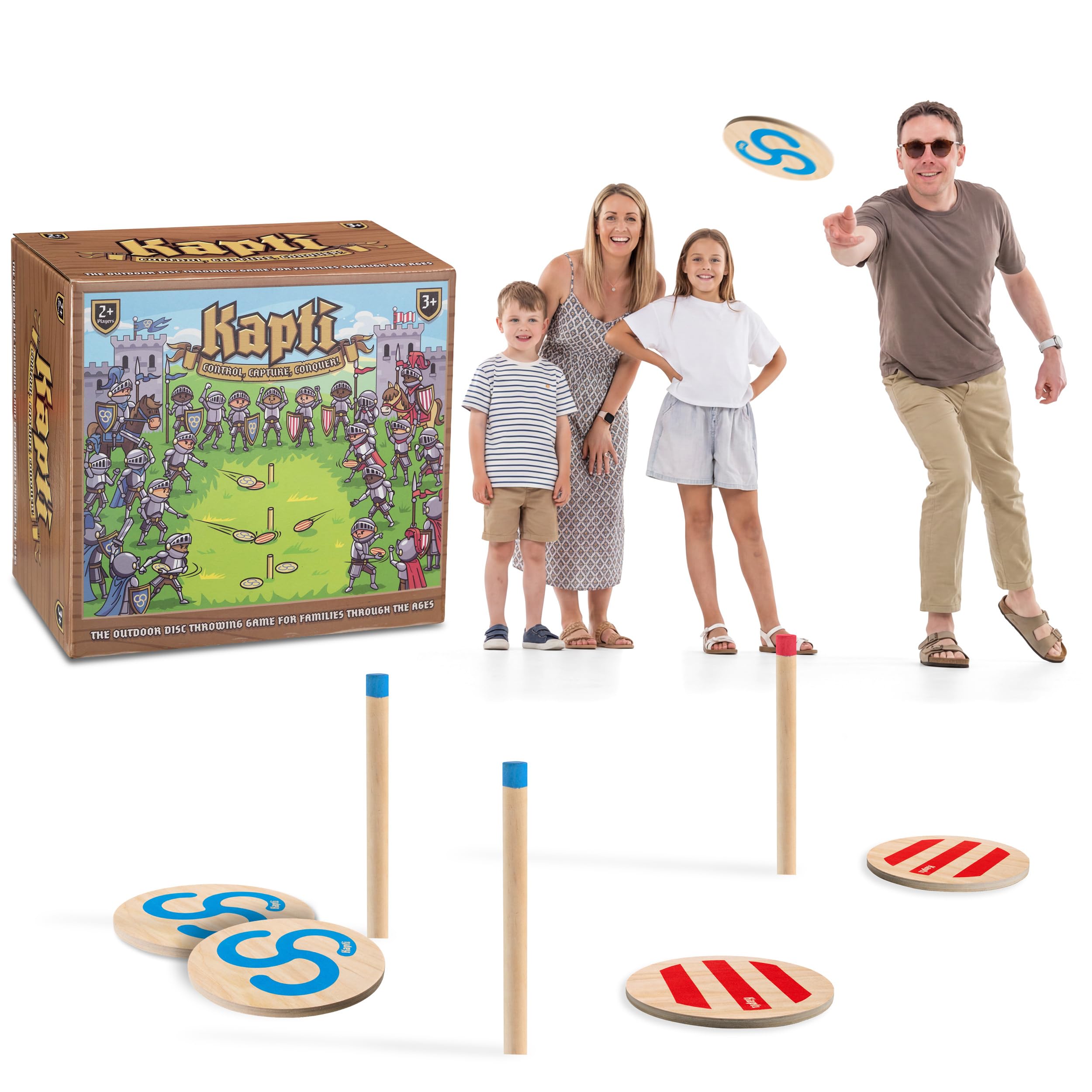 Grasshopper Games Kapti Garden Game, 100% FSC Wooden Outdoor Disc Throwing Game for Kids and Families, Giant Lawn Throwing Party Game with Discs and Stakes, Active Garden and Beach Tossing Game