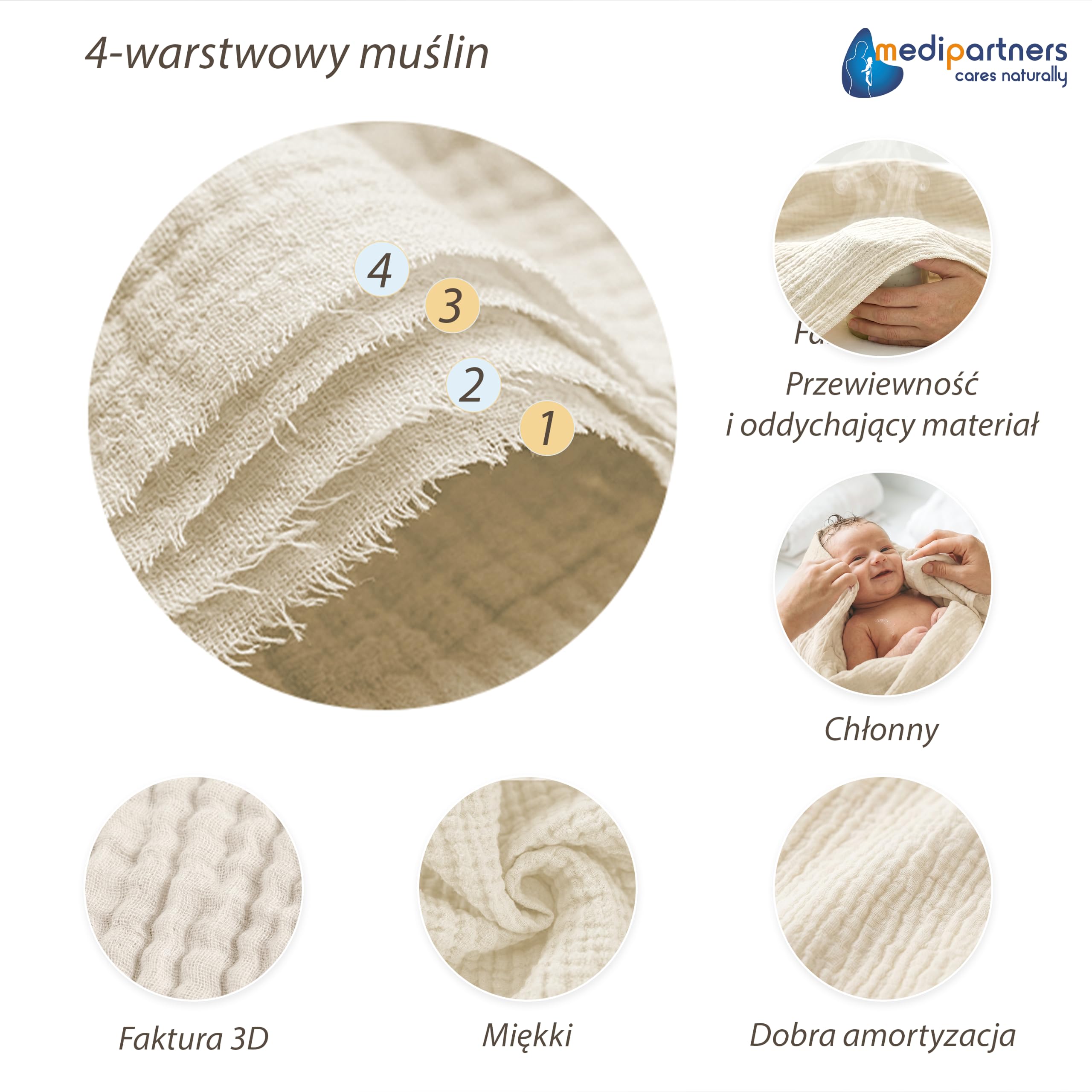 Medi Partners Otulacz z kapturkiem 100% bawełna na lato 85x85 cm kocyk wózka uniwersalny kocyk niemowlęcy kapturek do wózka kocyk do fotelika samochodowego (Beż)