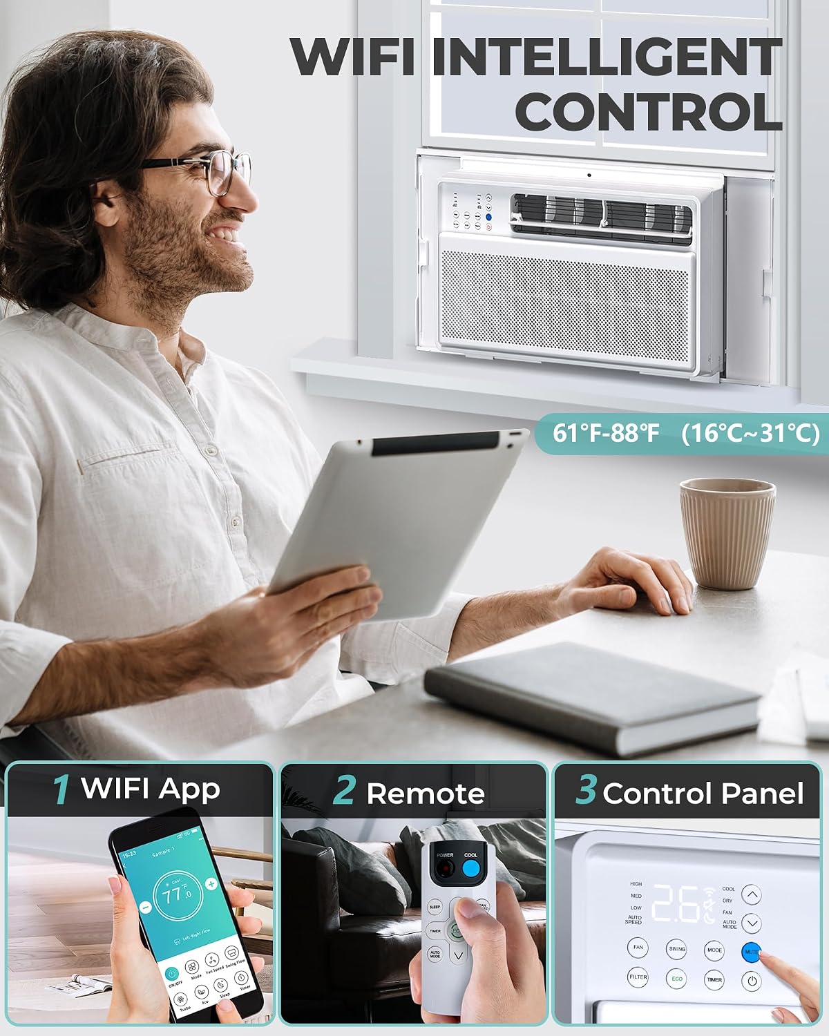 R.W.FLAME Window Air Conditioner 12000 BTU, Wi-Fi Enabled, Cools up to 550 Sq. Ft., AC Unit with Smart Controls, Remote, Easy Install Kit, Quiet Operation and Energy Saving, 115V/60Hz