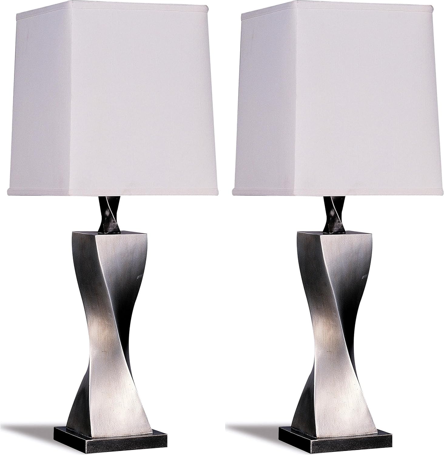 Stonecroft Furniture Table Lamps, 29.5 in Twisted Base, Antique Silver Finish, White Square Shade, Set of 2, Contemporary Style, 3-Way Switch, Living Room or Bedroom Lighting