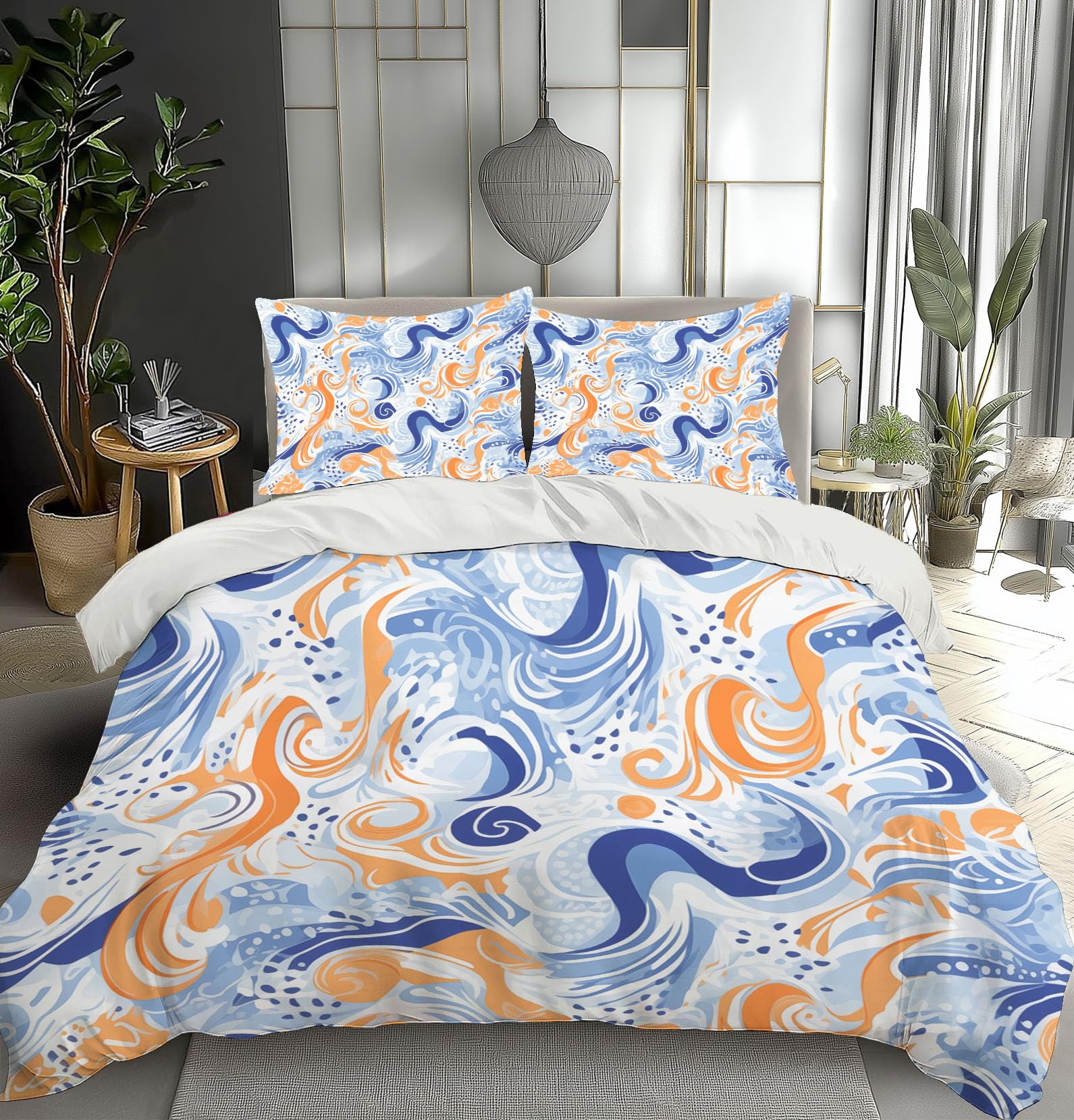 Parure de lit Océan Vagues 200x200 avec housse de couette microfibre et taies d'oreiller
