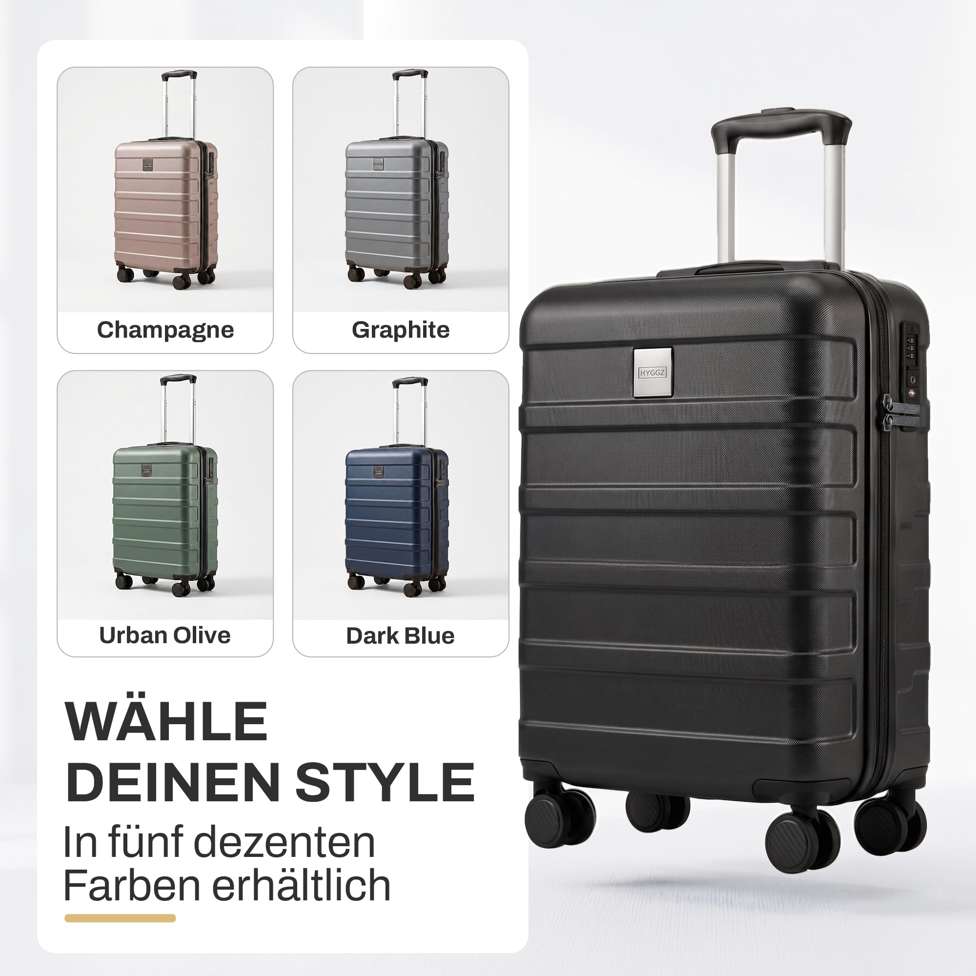 Trolley Handgepäck Koffer 55x40x20cm, Hartschalenkoffer klein mit TSA Schloss und sanften 360° Rollen, 36L Volumen, passend für Lufthansa, Ryanair und Eurowings, All Black (Schwarz)