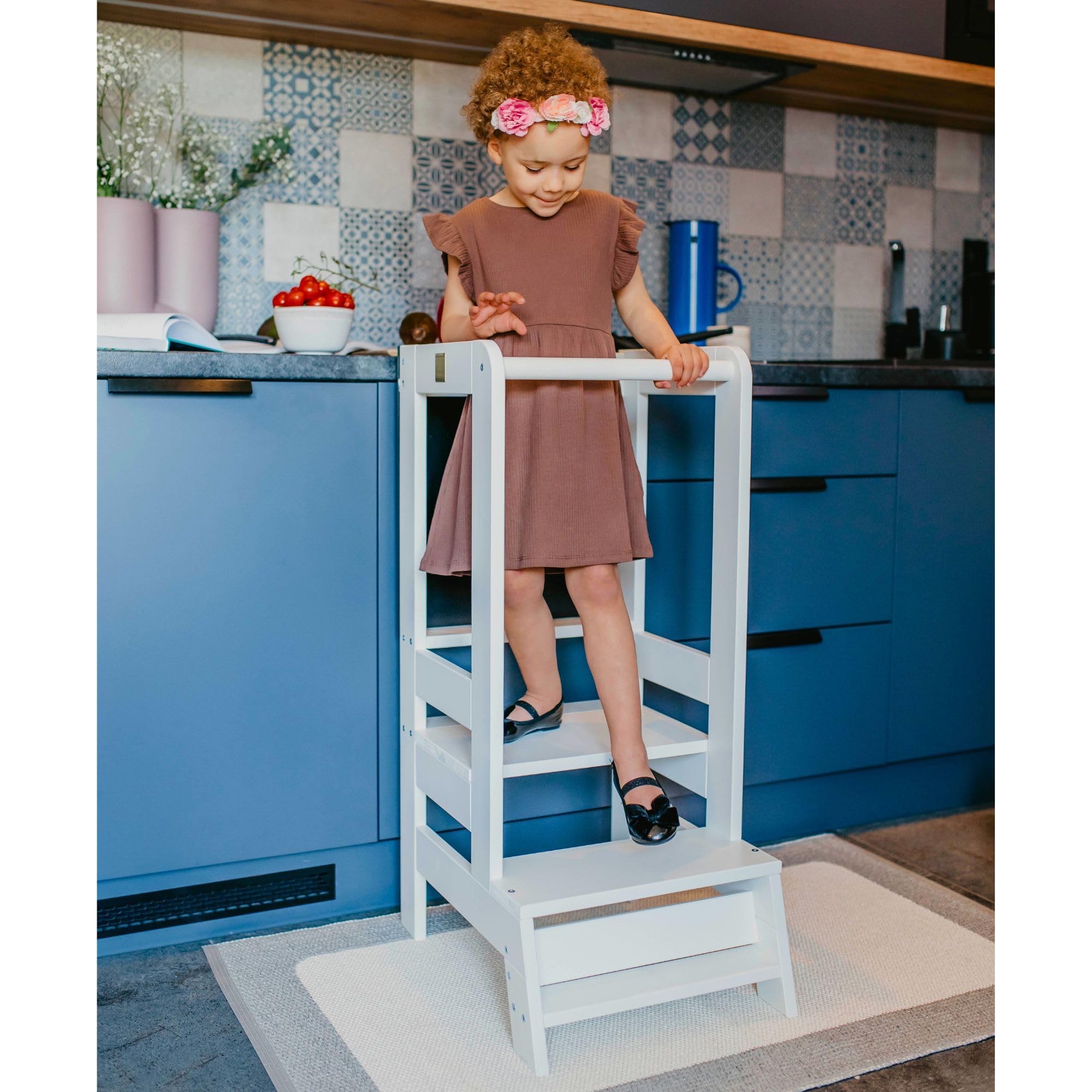 MEOWBABY Lernturm – Höhenverstellbarer Montessori Learning Tower für Kinder – Lernturm ab 1 Jahr – Sicherer Kinder Tritthocker – Holz Küchenhelfer für Küche & Alltag, Weiß