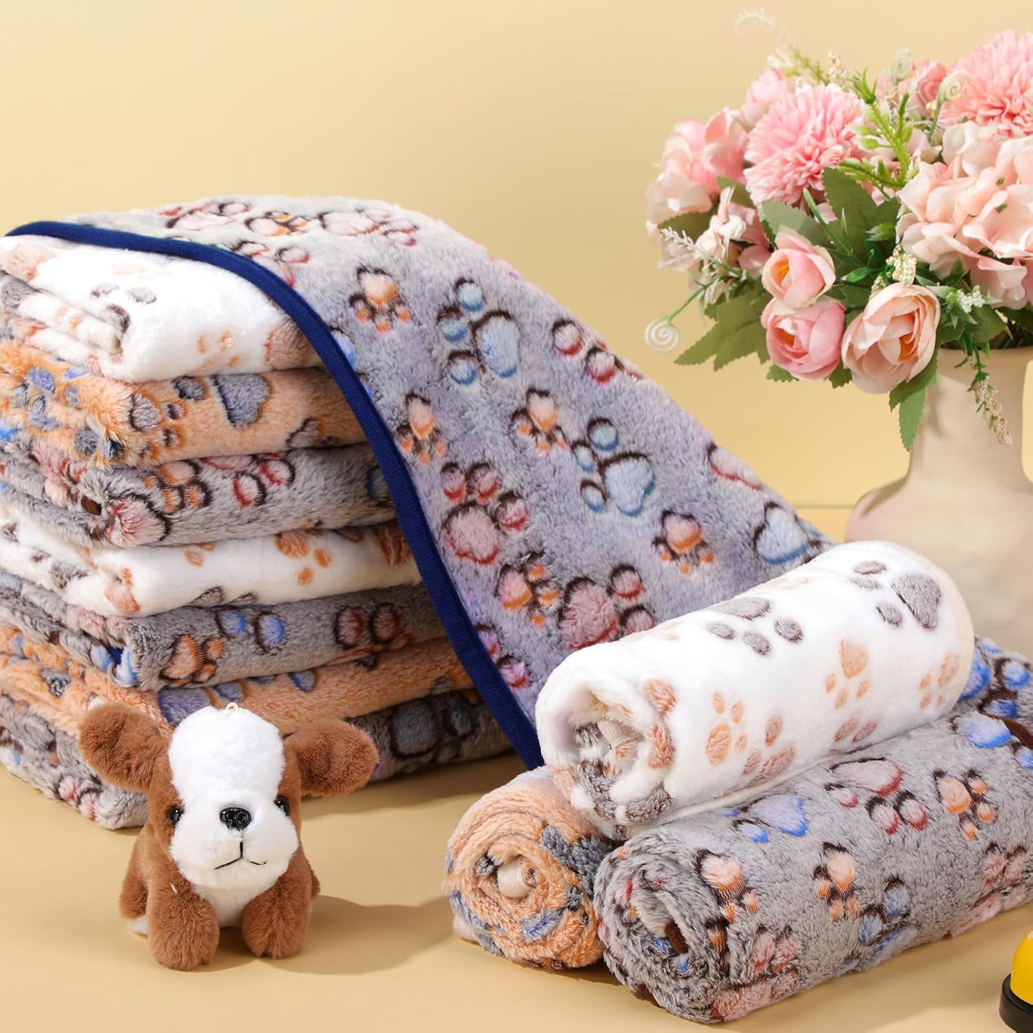 Chumia 40 Pcs Blankets Soft Fluffy Fleece Washable Pet Dog Sleep mat Paw Print Pattern Fleece Blankets for Pets Throw Warm Bed Mat for Dog Puppy Cat(24 x 16 Inch,Brown, White, Black, Blue) - Image 4