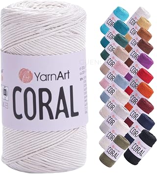 YarnArt Coral Satin Cotton Blend Macrame Yarn - 50% Cotton 50% Polyester, 200g, 200m, 1-1.5mm Thick Decorative Craft Yarn for Bags, Hats, Belts, Runners, Placemats, Crochet & Knitting 1901