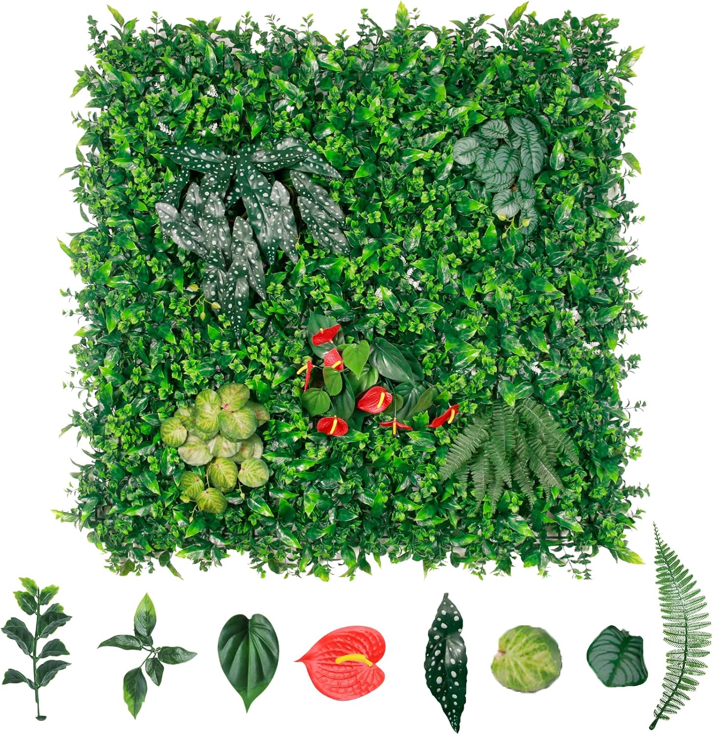 6pcs 39.37"X39.37" PE Artificial Grass Wall Panel, 8-Plant Mixed Foliage, Easy DIY Installation with Zip Ties, Indoor Outdoor Privacy Screen for Home Garden Wedding Decoration