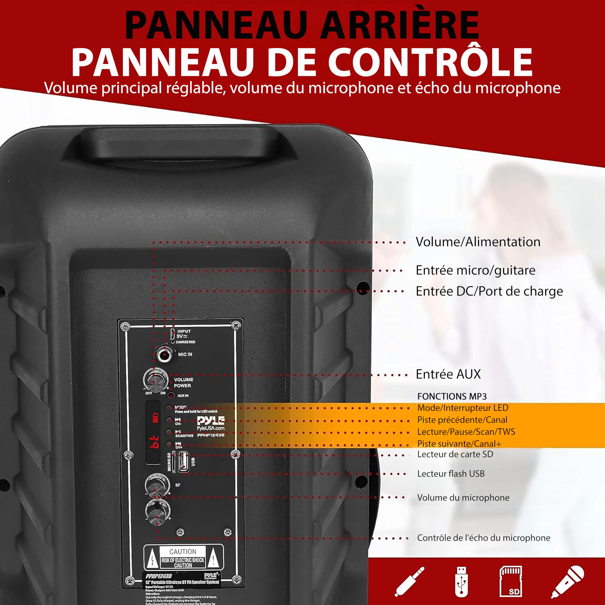 Image secondaire de Pyle Système d’Enceinte Bluetooth Puissante Portable 30,48 cm- 800 Watts-Haut-Parleur de Karaoké-Entrées USB/FM/Bluetooth/Aux/Mi