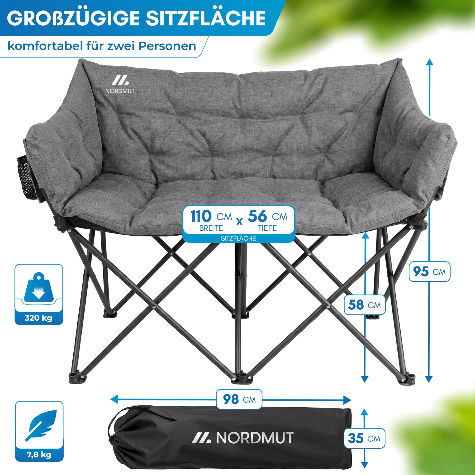 NORDMUT® Campingsofa faltbar für 2 Personen – stabile Camping Couch 320 kg belastbar – komfortabler Doppel Campingstuhl faltbar mit extra Dicker Polsterung (Aschgrau)