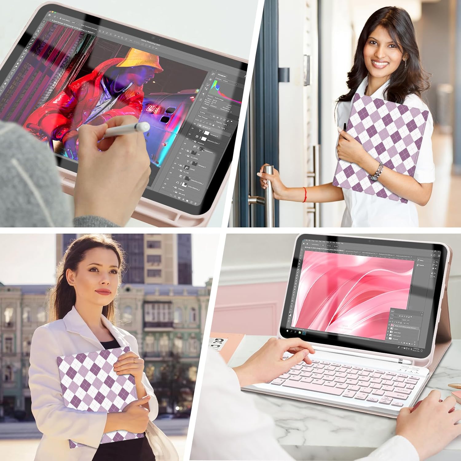 Keyboard Case for iPad 11th 10th Generation with Pencil Holder, Wireless Keyboard Cover for 11th A16 11-inch 2025, 10th Gen 10.9 Inch 2022, Diamond Checkered Plaid Purple-MorandiPurple-White