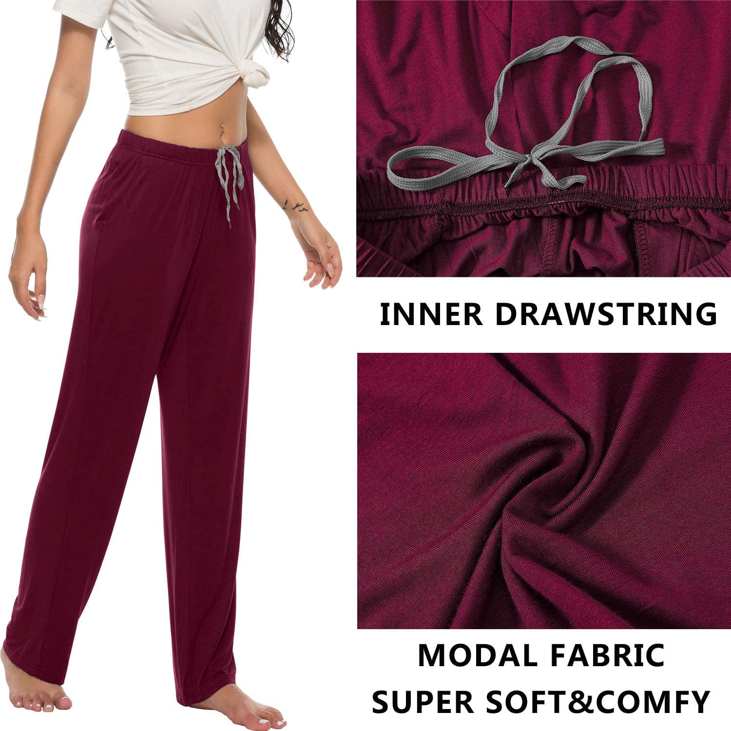 MoFiz Mujer Pantalones Largos Pijama Suave Pantalón Casual de Casa Dormir con Bolsillos y Cordón