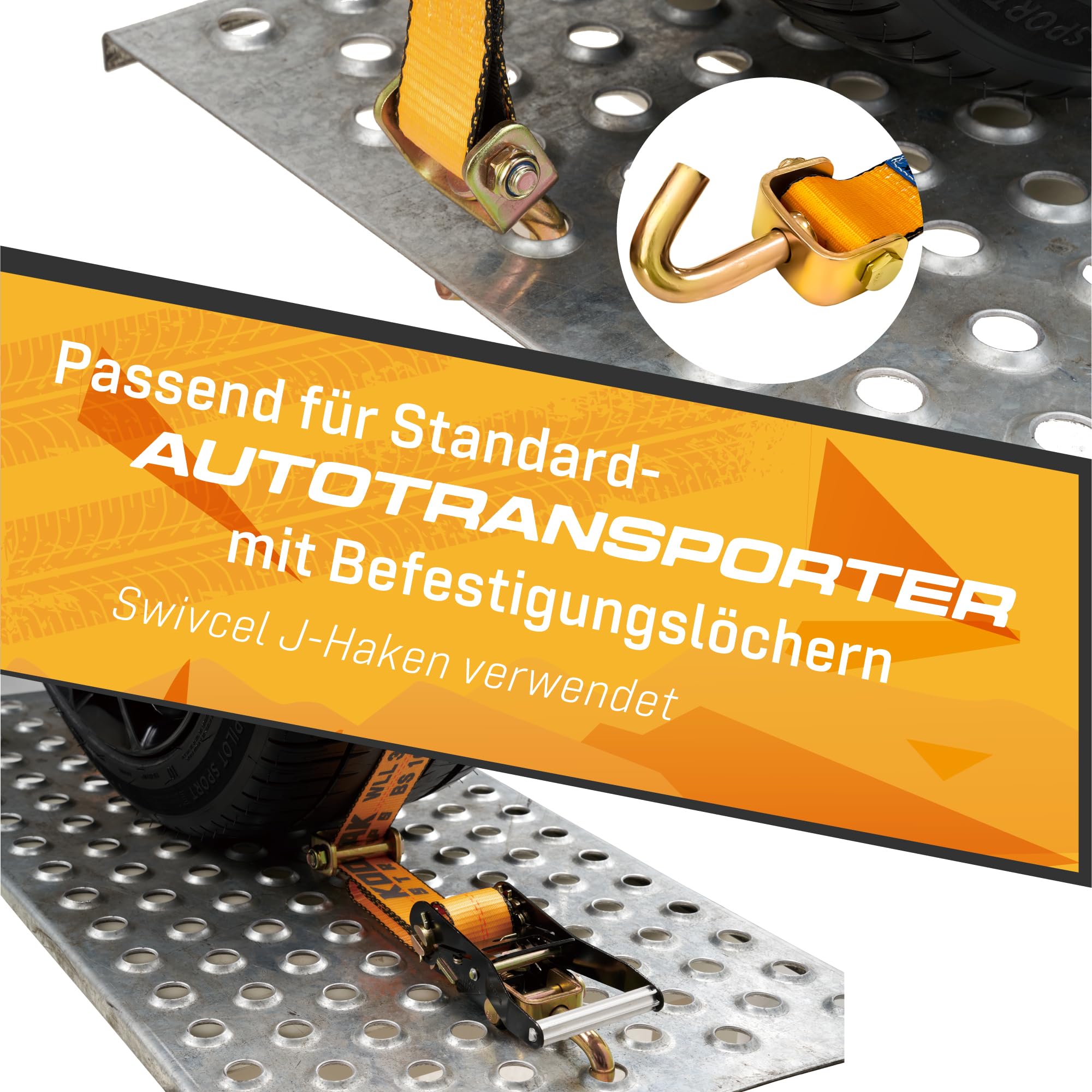 4 Stück 50mm Radspanngurte 2,5m | 5000kg Spanngurt für Autotransport | Mit Antirutschpads & 360° Wirbelhaken | Reifengurte für PKW Trailer KFZ | TÜV Geprüft nach DIN EN 12195-2
