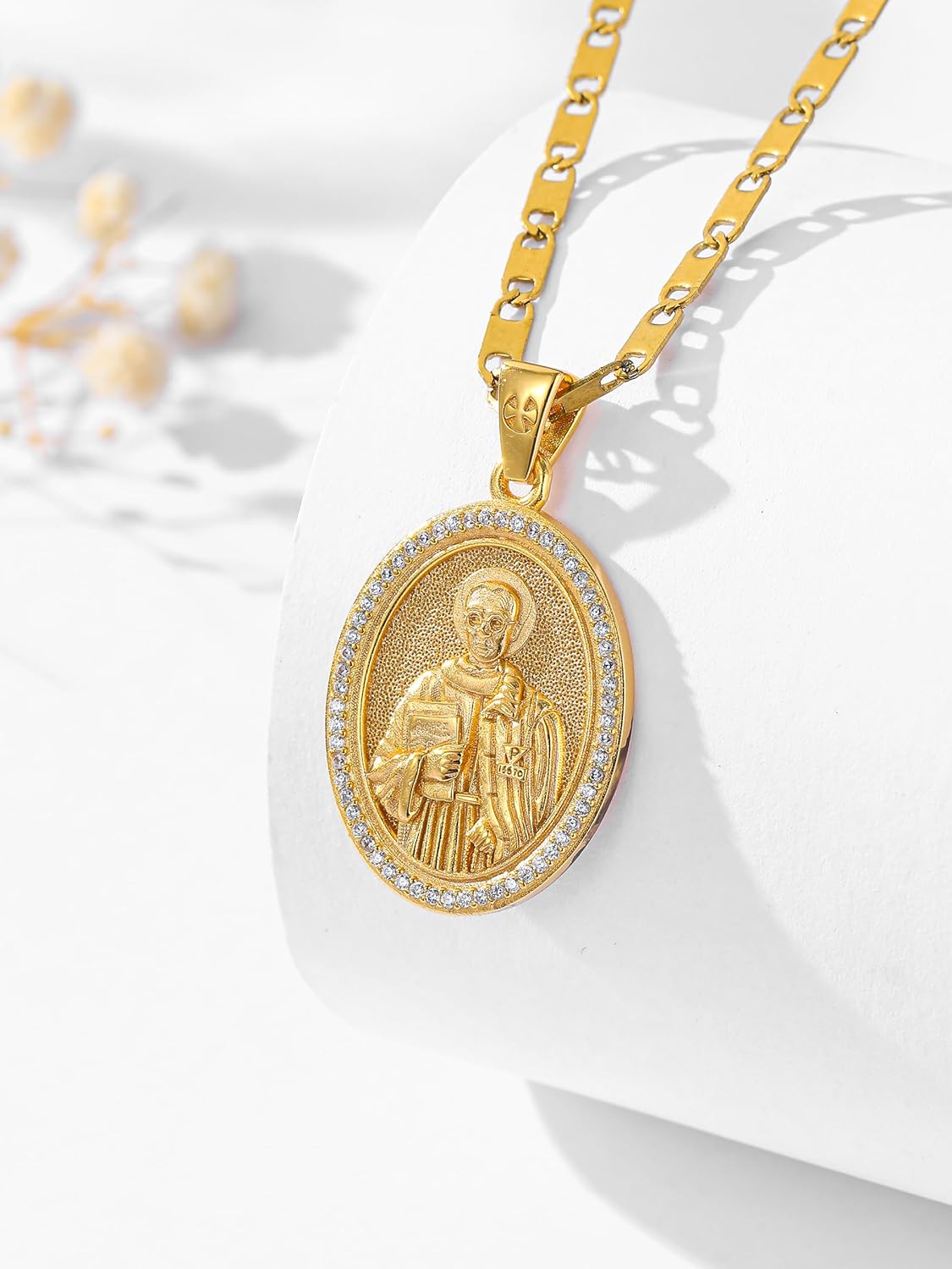 Patron Saint Medals, 14k Gold Plated Sterling Silver Catholic Pendant Necklace, Inlaid Cubic Zirconia, Christian Jewelry Gift For Women with 22"+2" Mariner Chain - Image 5
