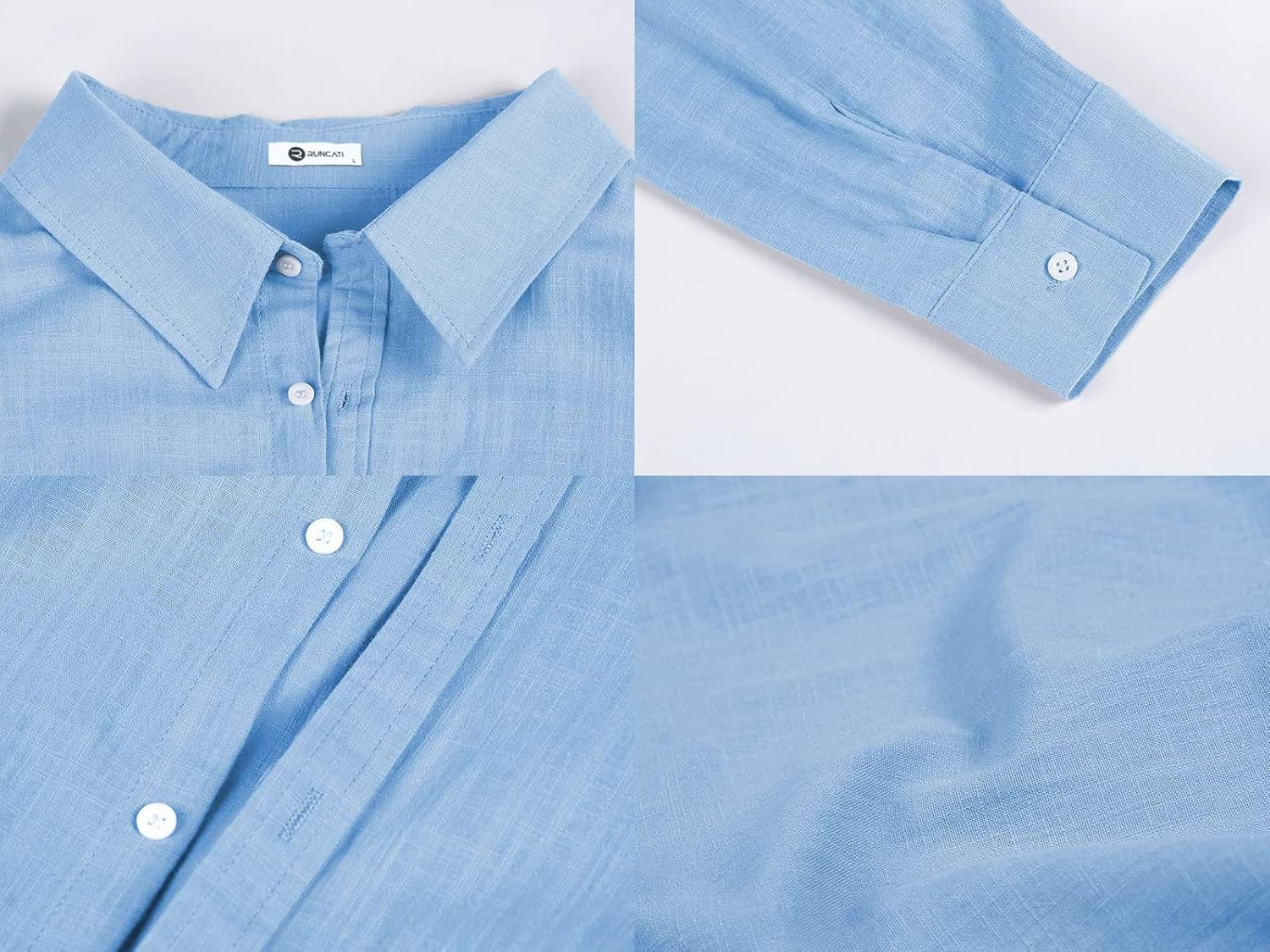 Mens Button Up Shirts Linen Beach Long Sleeve Casual Cotton Summer Lightweight Tops - Image 5