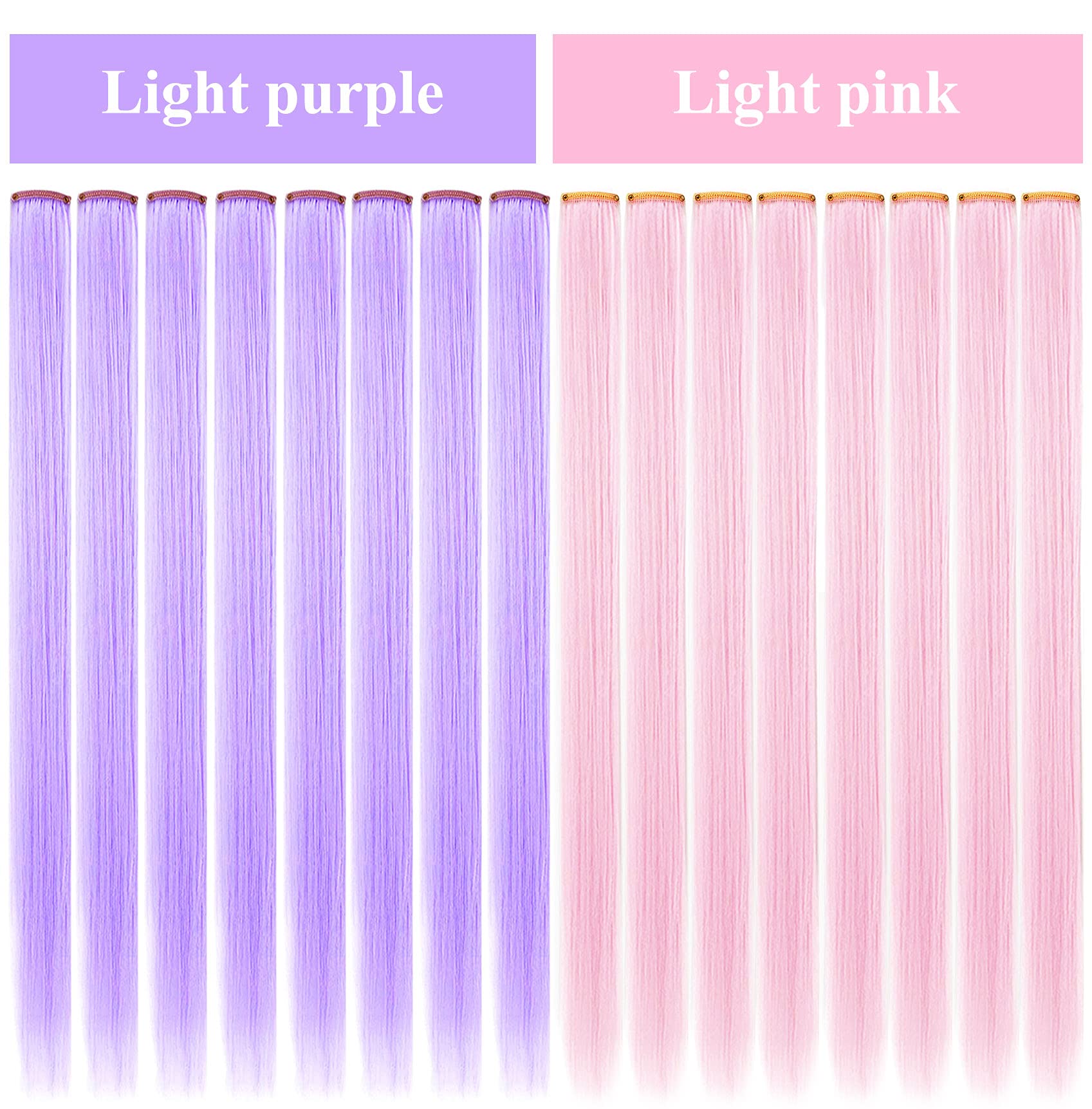 IAMERUI Multicolors Party Highlights glattes Haar, bunter Clip in synthetischen Haarverlängerungen in mehreren Farben, hitzebeständiges langes Haarteil (hellrosa helllila)