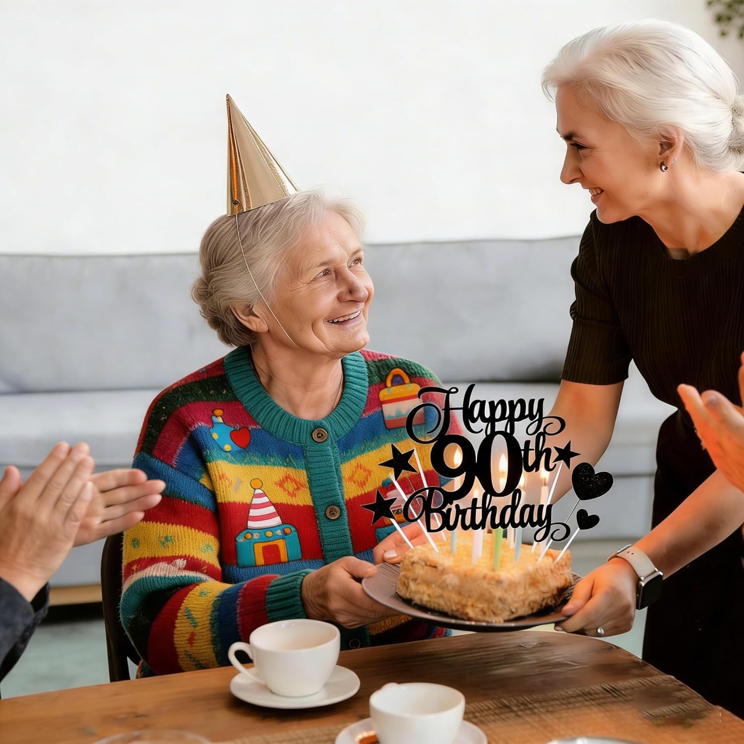 "90th Birthday Cake Topper - Luxury Complete Set with 90 Number, Hearts & Stars - Thick Cardboard Non-Edible Decorations for Milestone Celebration - Damage-Proof Packaging"