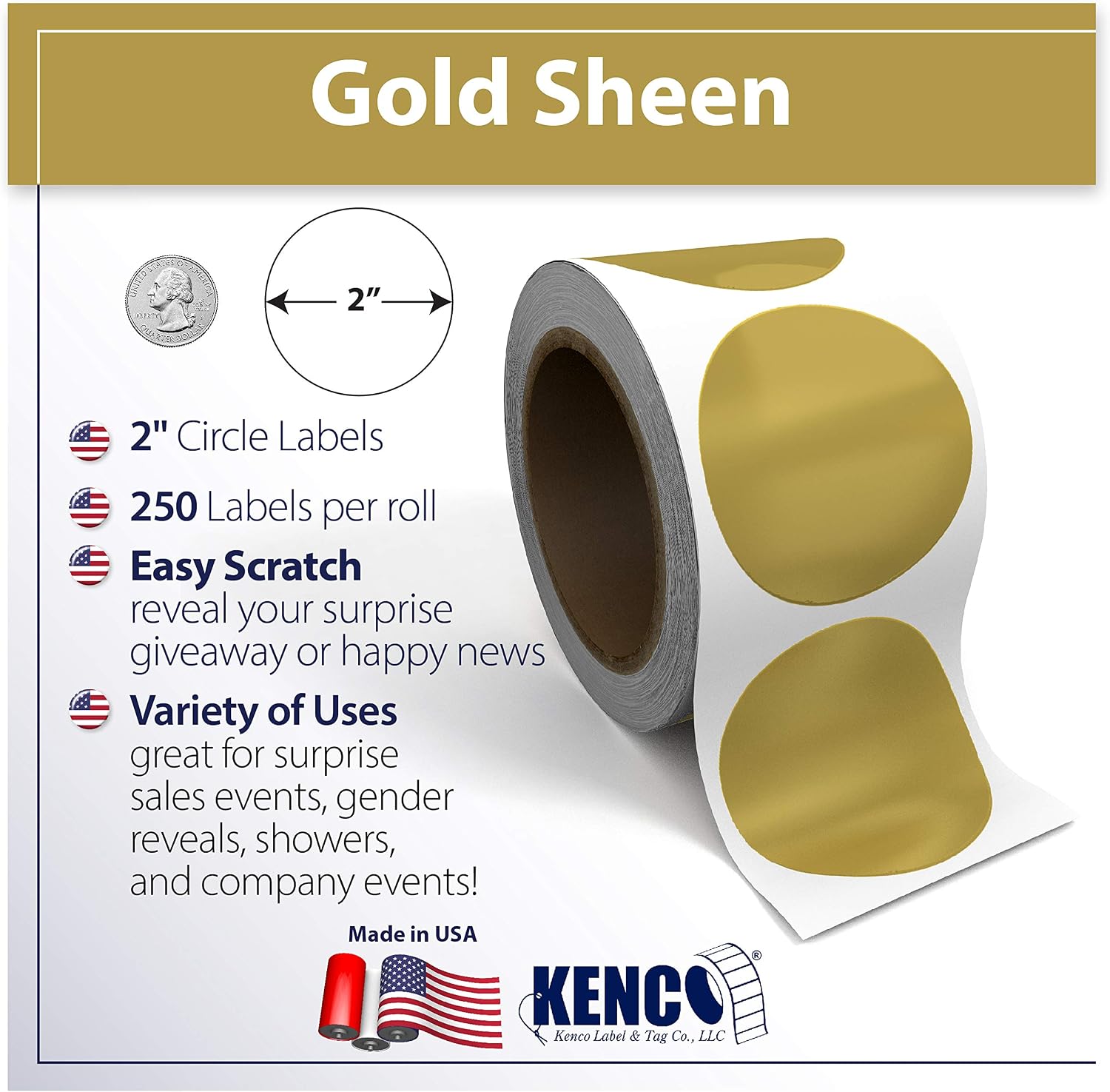 Kenco Scratch Off Stickers - Silver Scratch Off Labels Stickers - Made in The USA (Gold 2" Circle, 250 Stickers)