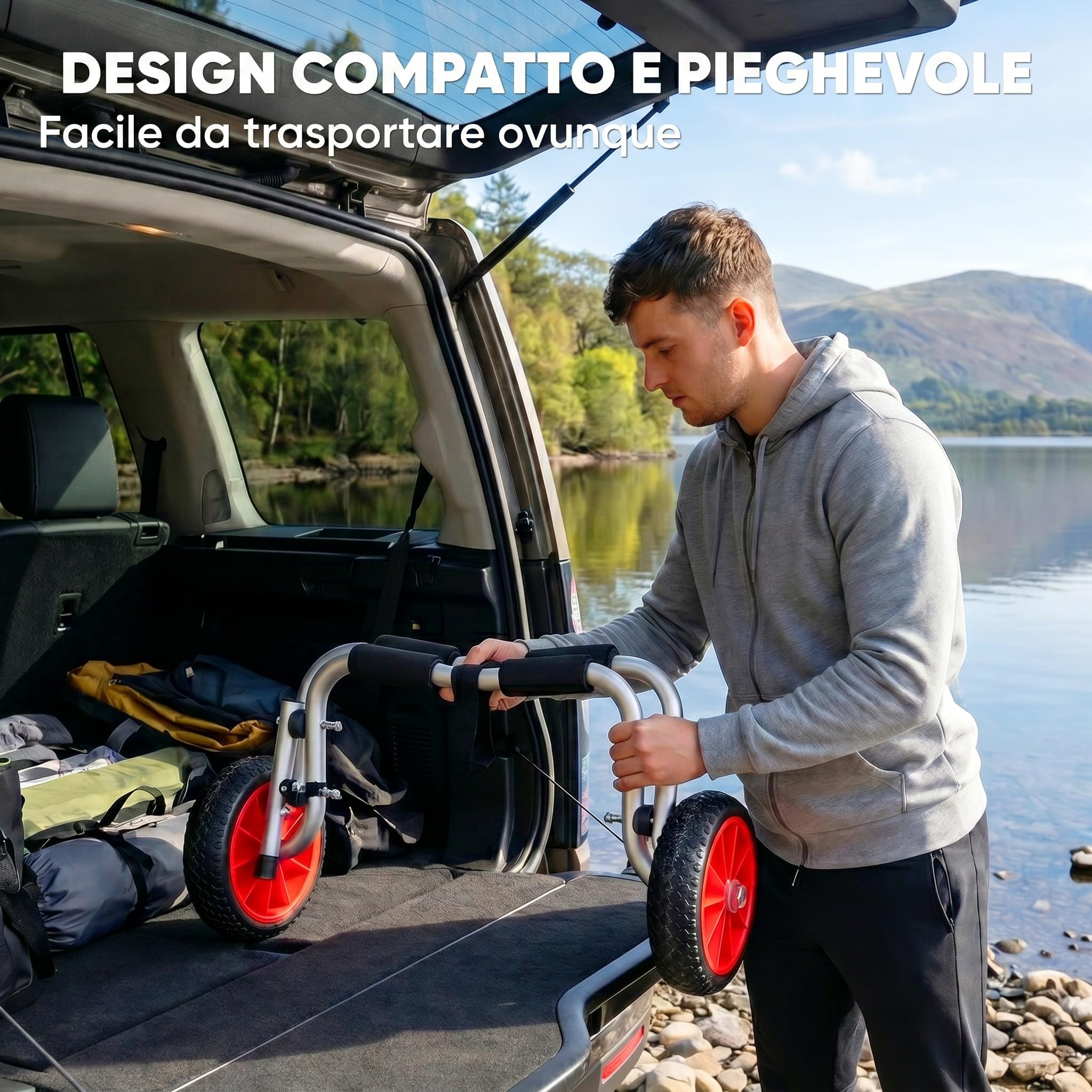 HOMCOM Carrello per Kayak Pieghevole Pneumatici 25cm Adatto a Tutte Le Superfici Max 70kg Alluminio 62x35x30cm