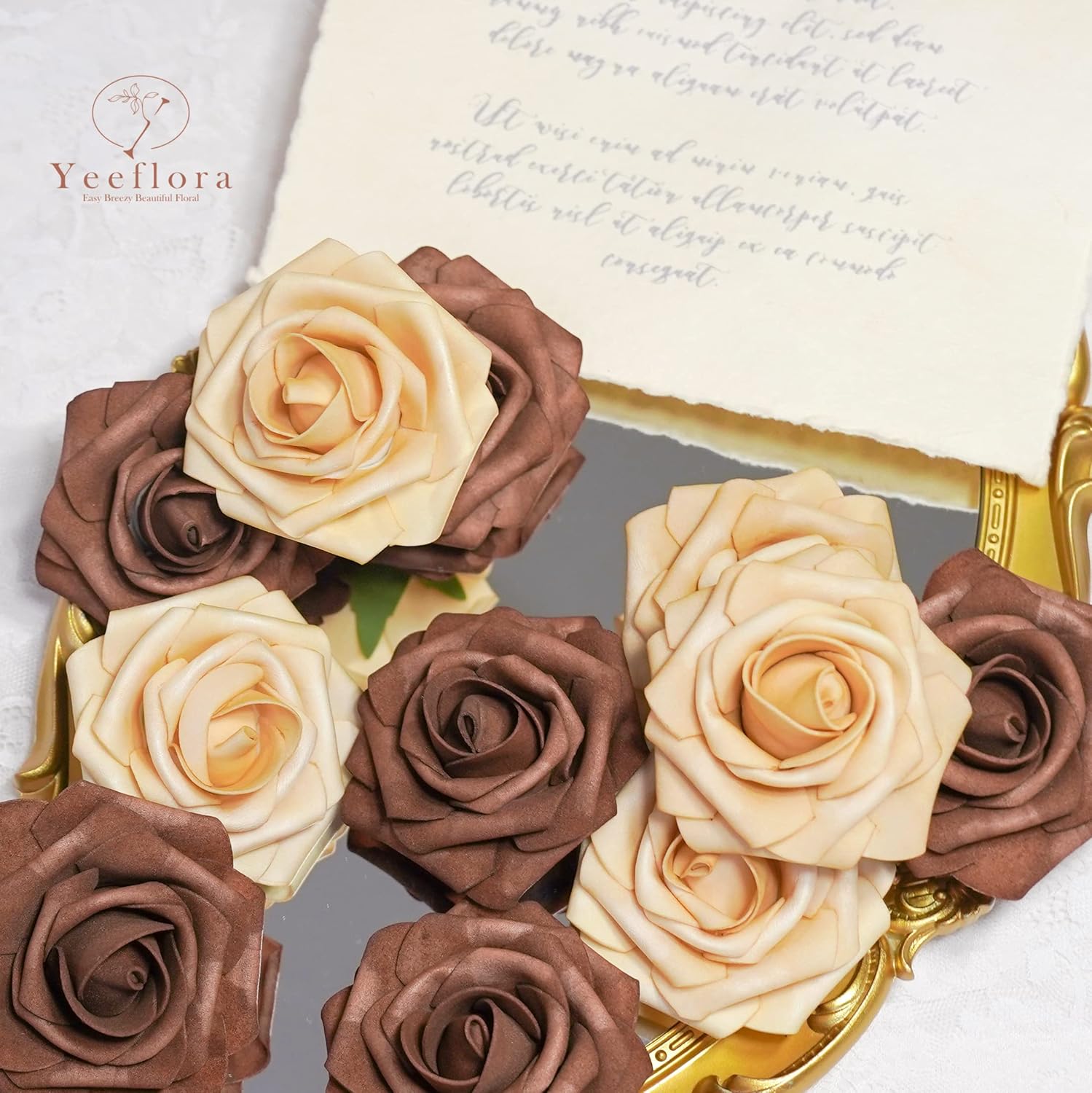 Artificial Flowers, 25pcs Artificial Rose for DIY Wedding Bouquets Centerpieces Arrangements, Brown Foam Roses with Stem for Bridal Shower Party Home Decorations - Image 3