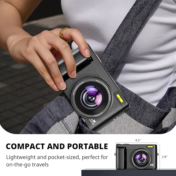 Duluvulu 4K Digital Camera for Photography Autofocus, 2026 Latest 48MP Vlogging Camera for YouTube with SD Card, 2 Batteries, 3 180Flip Screen Compact Travel Camera for Teens with 16X Zoom,Black
