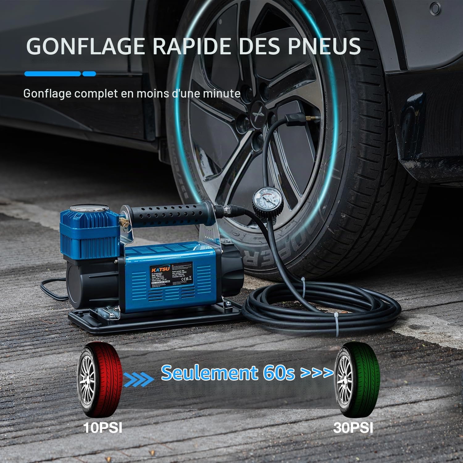KATSU Tools Professionnel Gonfleur de Pneu 150 PSI 12V 45Amp Grand Volume Portable Compresseur d'air Voiture Pompe à Pneu pour 4WD Auto Car Van Trucks Gonflables