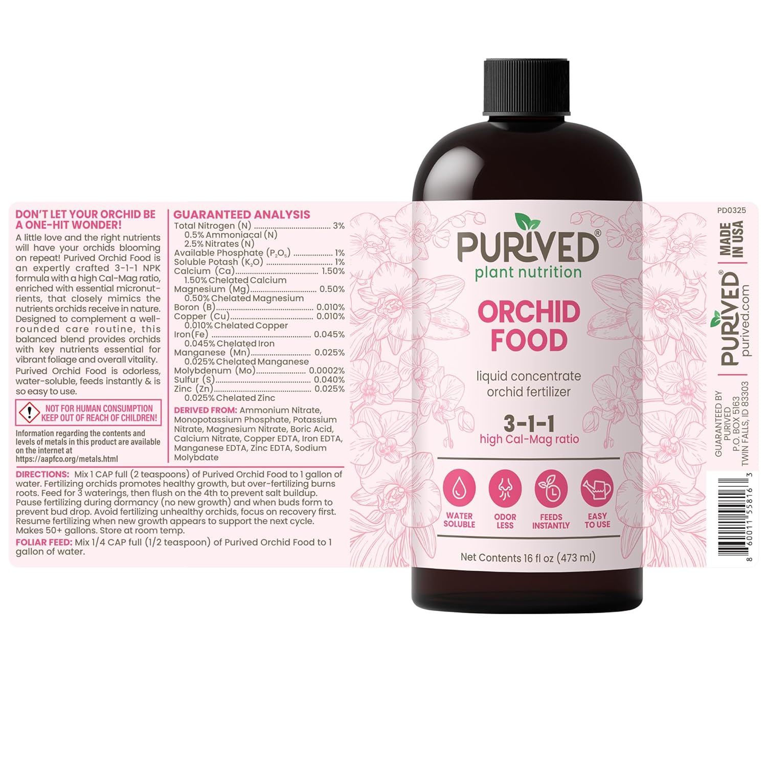 Purived 16oz Orchid Liquid Fertilizer - Makes 50 Gallons, Boosts Blooms & Root Strength, Ideal for Phalaenopsis, Dendrobium & More, Supports Vibrant, Long-Lasting Flowers, Made in USA