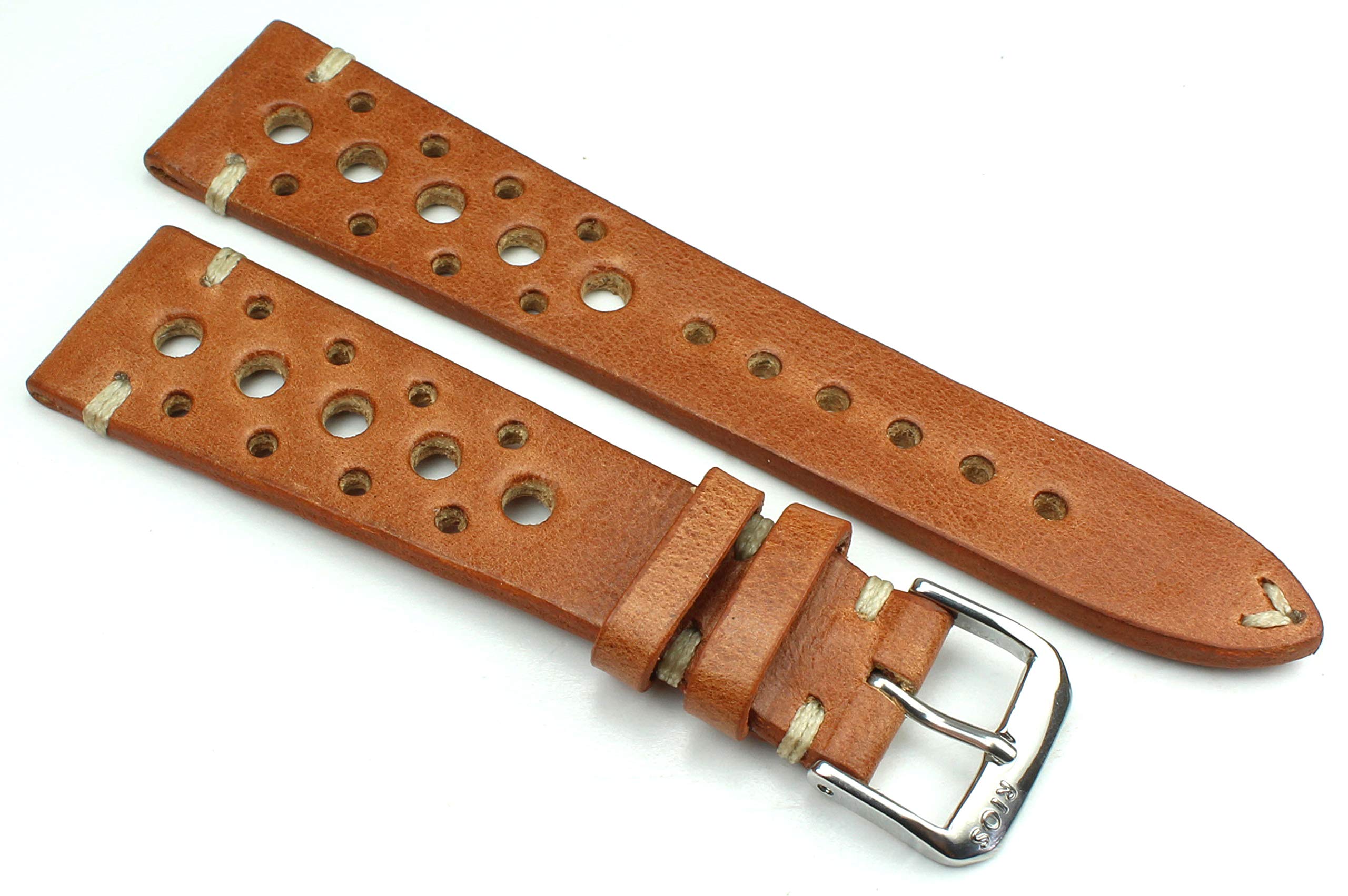 RIOS1931 Rallye Bracelet de montre vintage en cuir de vachette fabriqué à la main en Allemagne Robuste 20 mm Marron clair