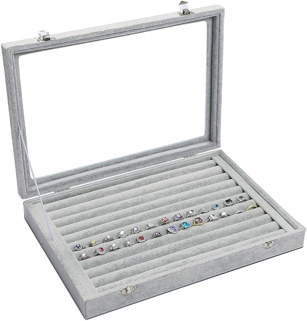 BASUWELL Velvet Glass Jewellery Ring Display Organiser Box Tray Holder Jewellery Earrings Storage Case