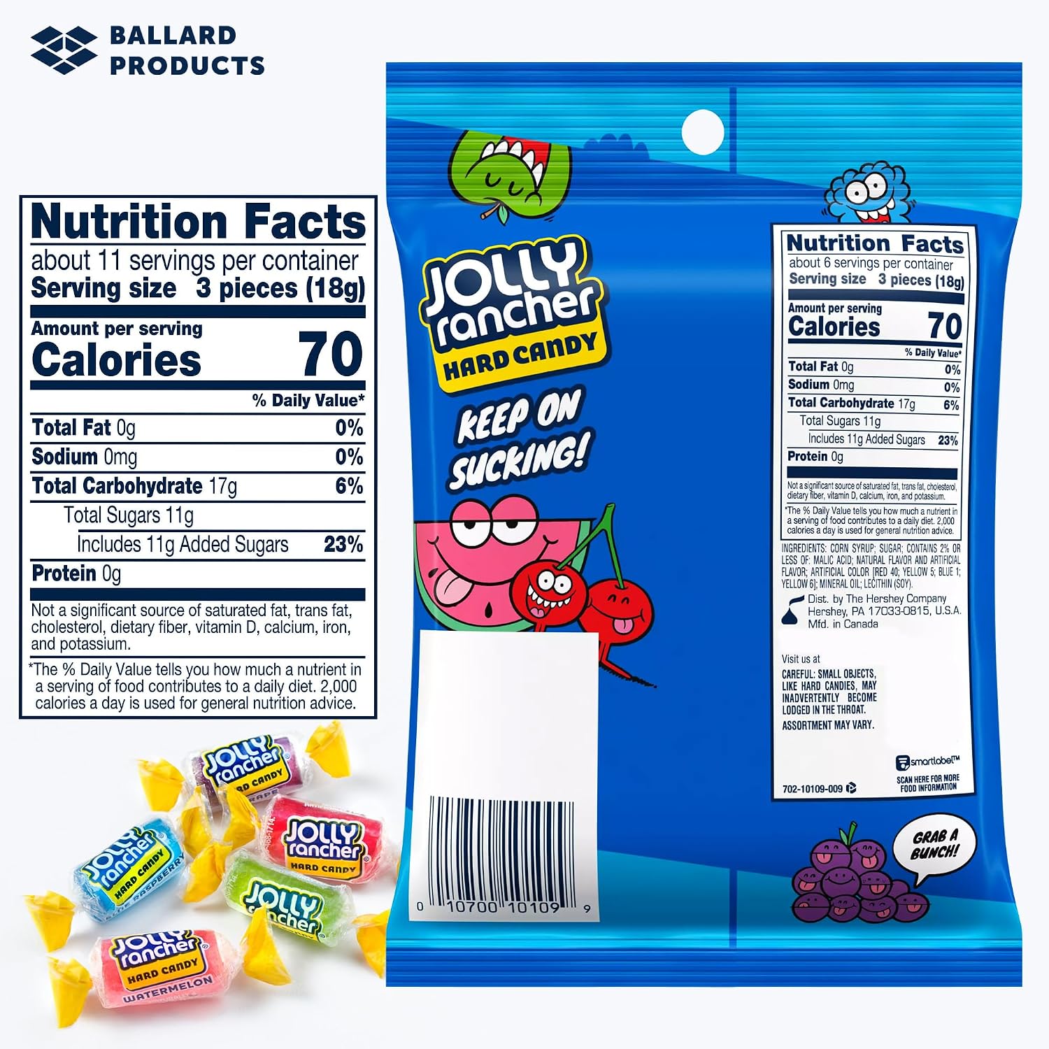 Jolly Ranchers Hard Candy Bulk Pack of 3 Bags (3.8oz) - Bulk Hard Candy Variety Pack of 5 Flavors - Blue Raspberry, Green Apple, Cherry, Grape, Watermelon - Bundle with Ballard Products Pocket Bag