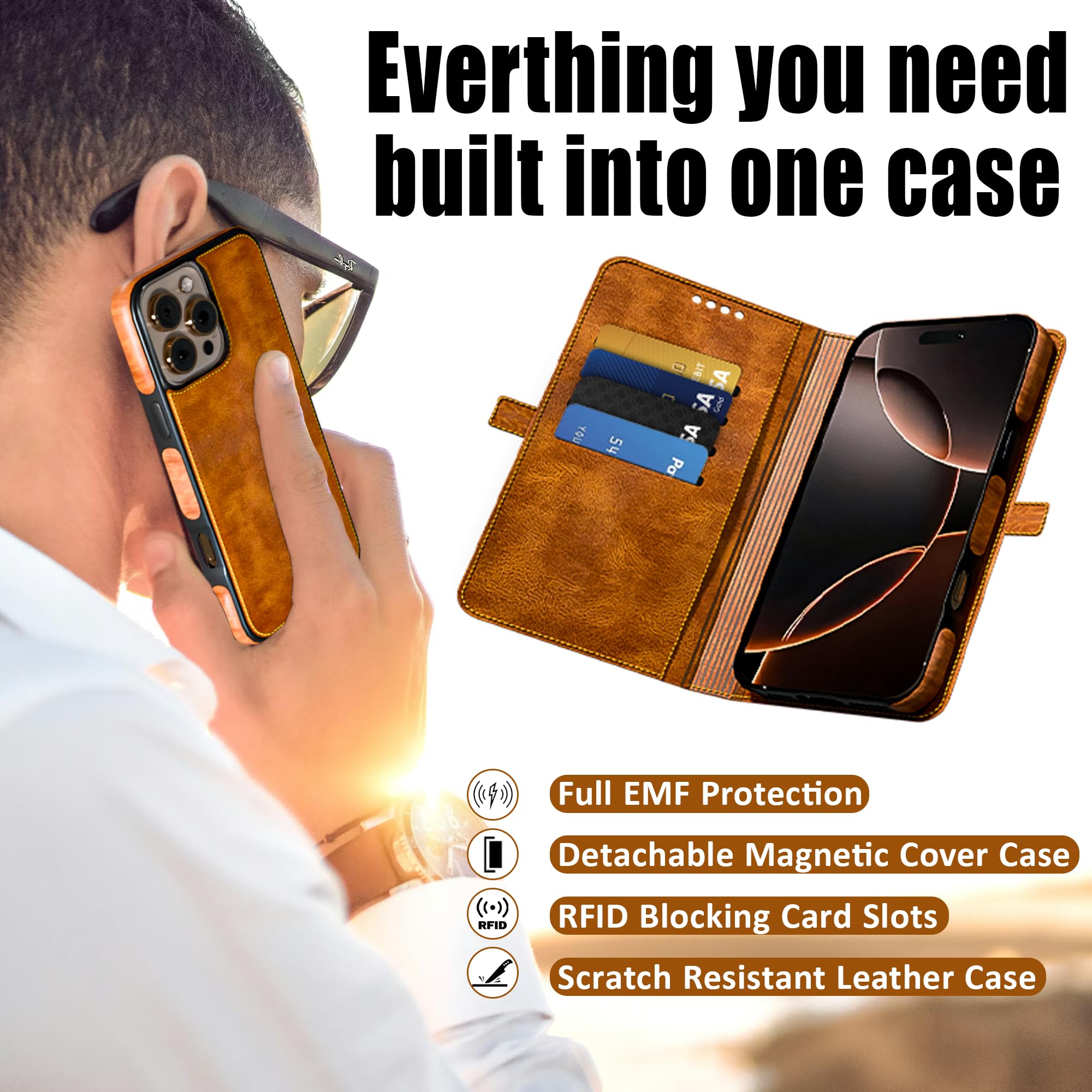 EMF Protection Anti Radiation Cell Phone Wallet Case for iPhone, EMF Blocker Genuine Leather Flip Folio Phone Cover, RFID Blocking Card Holder, MagSafe Case Wallet (Brown/Gray, iPhone 12 Pro Max) - 3