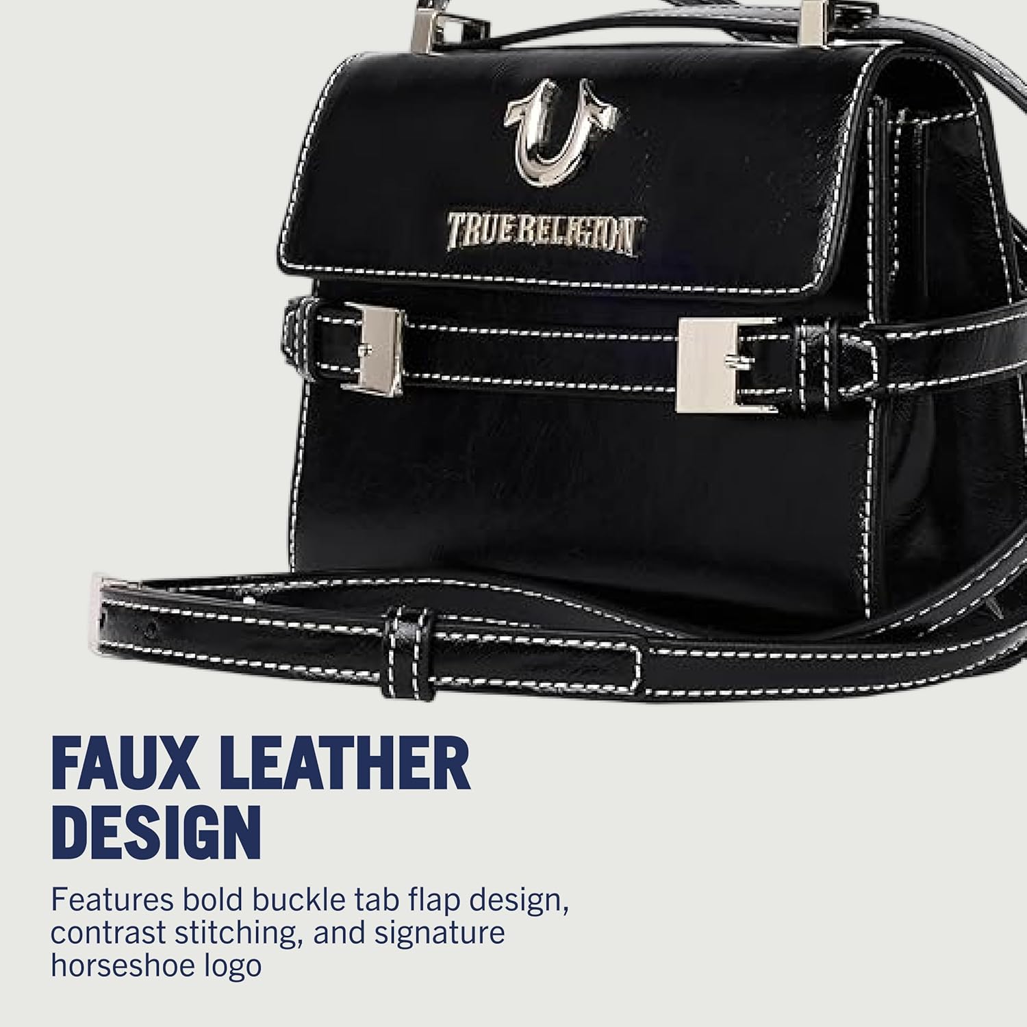True Religion Crossbody Bag, Buckle Tab Flap Purse with Contrast Stitching, Multi-Compartment Interior and Silver Hardware, Black - Image 3