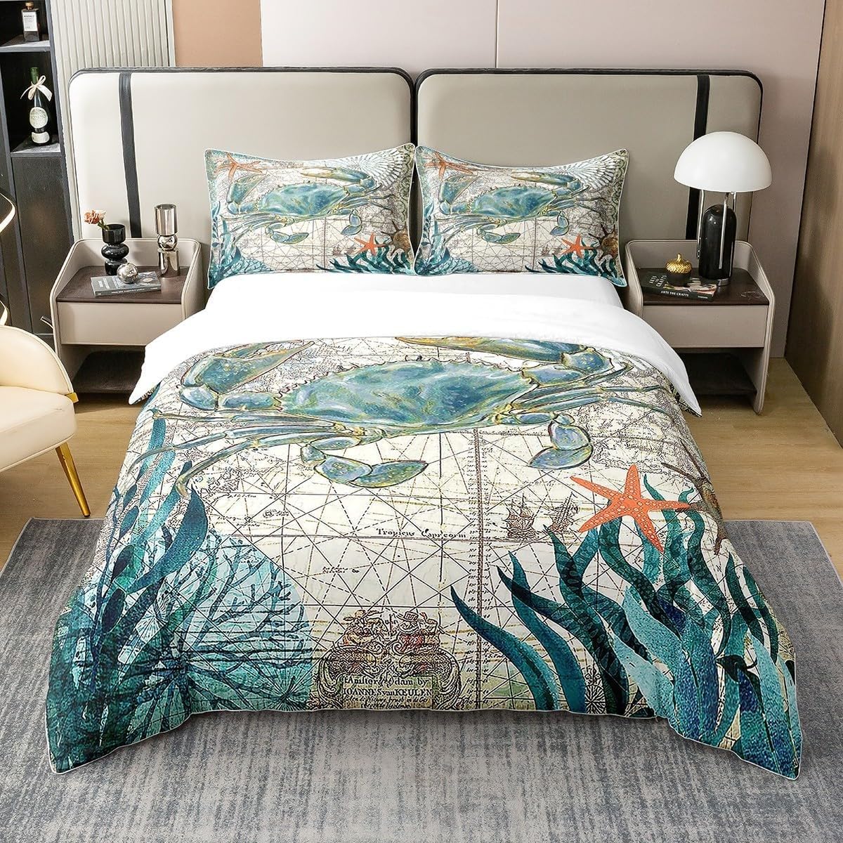 Parure de lit 220x240 sans repassage en microfibre douce thème crabe marin