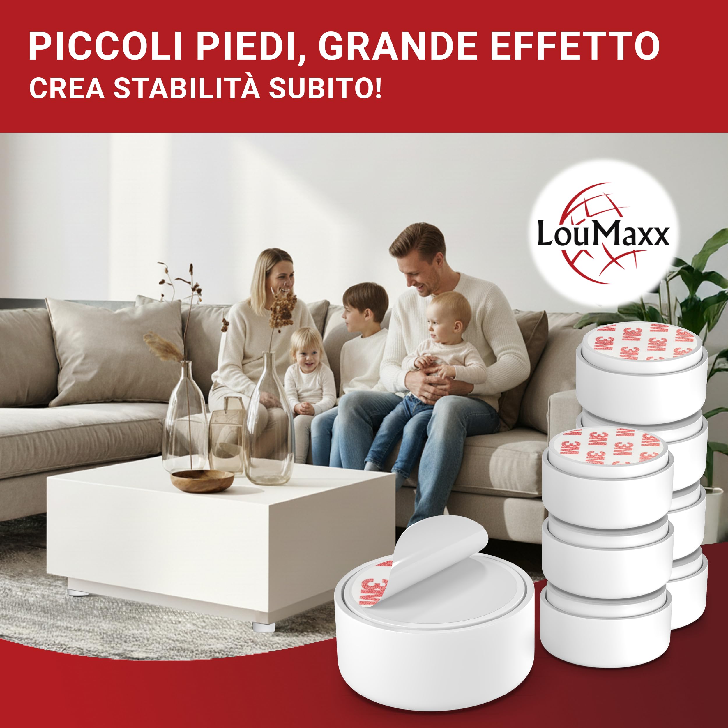 LouMaxx Piedini per Mobili Adesivi Regolabili in altezza Ø 55,5 mm – Piedini Mobili Bianchi Altezza Regolabile – Rialzi per Mobili con Materiale di Montaggio – Set da 8
