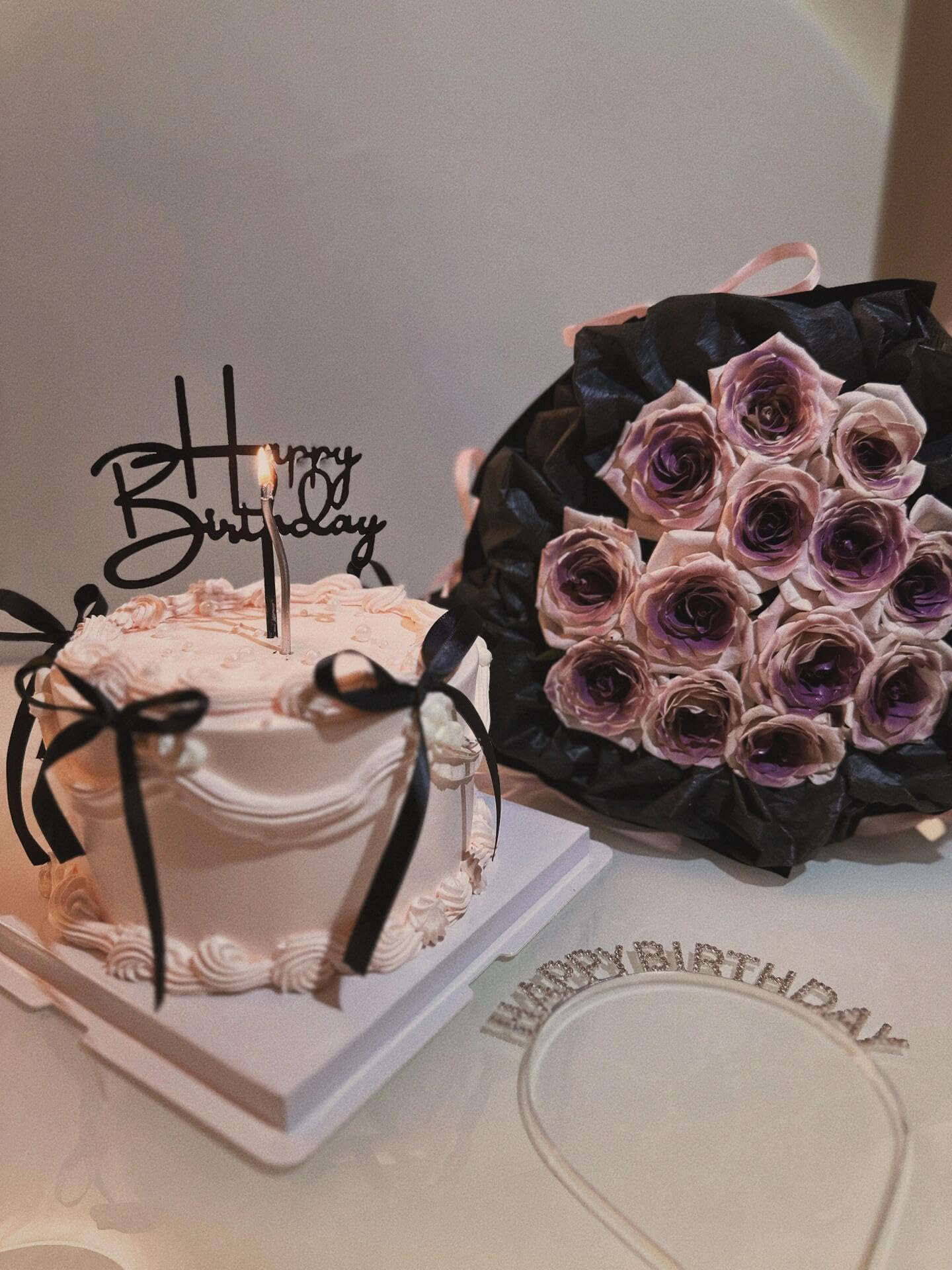 Tyotrbs Bow Cake Topper, Black Bows For Cake with Gold Happy Birthday Headband for Vintage, Ribbon, Coquette Themed Party