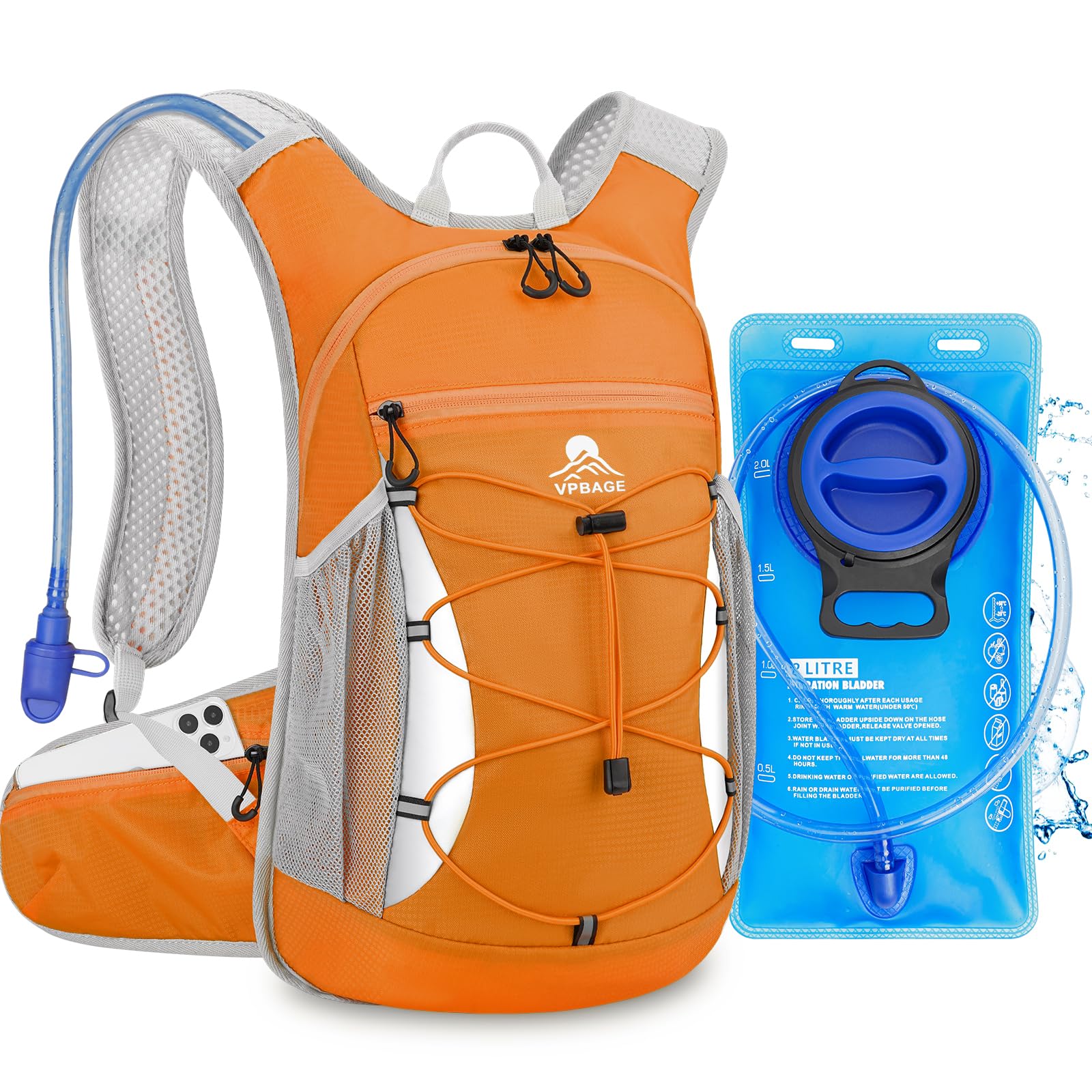 Hydration Backpack with 2L Water Bladder - Lightweight 15L Daypack with Phone-Sized Hip Belt Pockets, Anti-Chafe Cotton Edging & No-Bounce Straps -