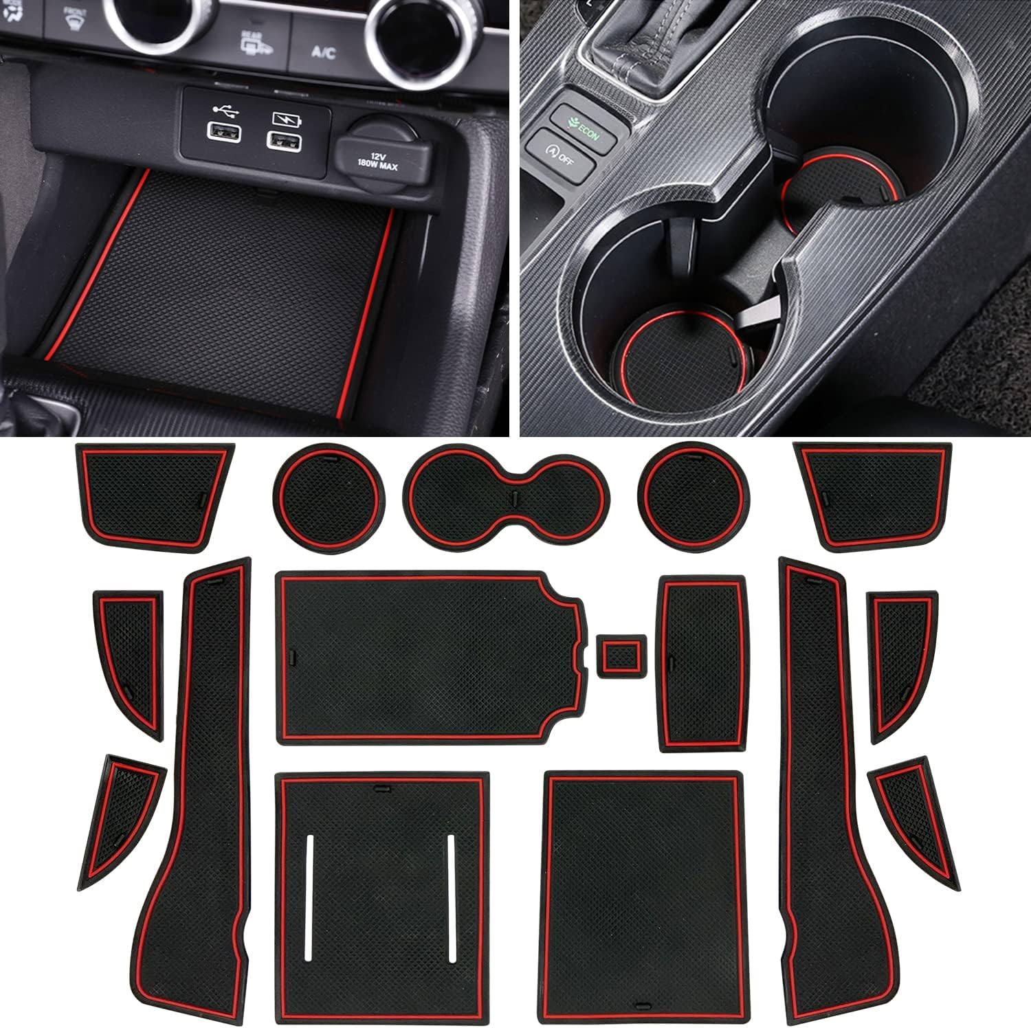 LOCOY Center Console Liner Fit for Honda Civic Accessories 2022 2023 2024 11th Gen Sedan Cup Holder Insert, Door Pocket Mat, Custom Interior Anti-Dust Non-Slip Pad, Rubber Mat (16 Pcs, Red Trim)