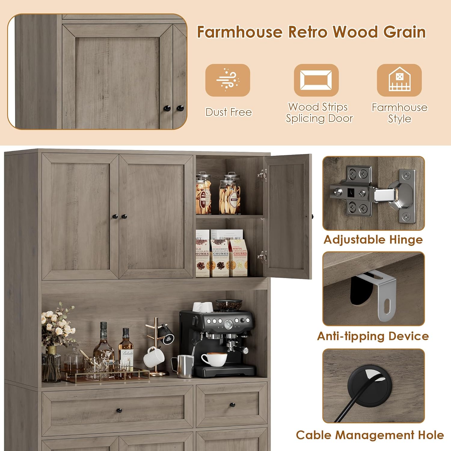 2PCS Kitchen Cabinets, 71” Large Sideboard Buffet Cabinet with Storage, 72" Tall Pantry Cabinet with Microwave Stand, Wood Coffee Wine Bar Console Table for Kitchen, Dining Room (Ash Gray)