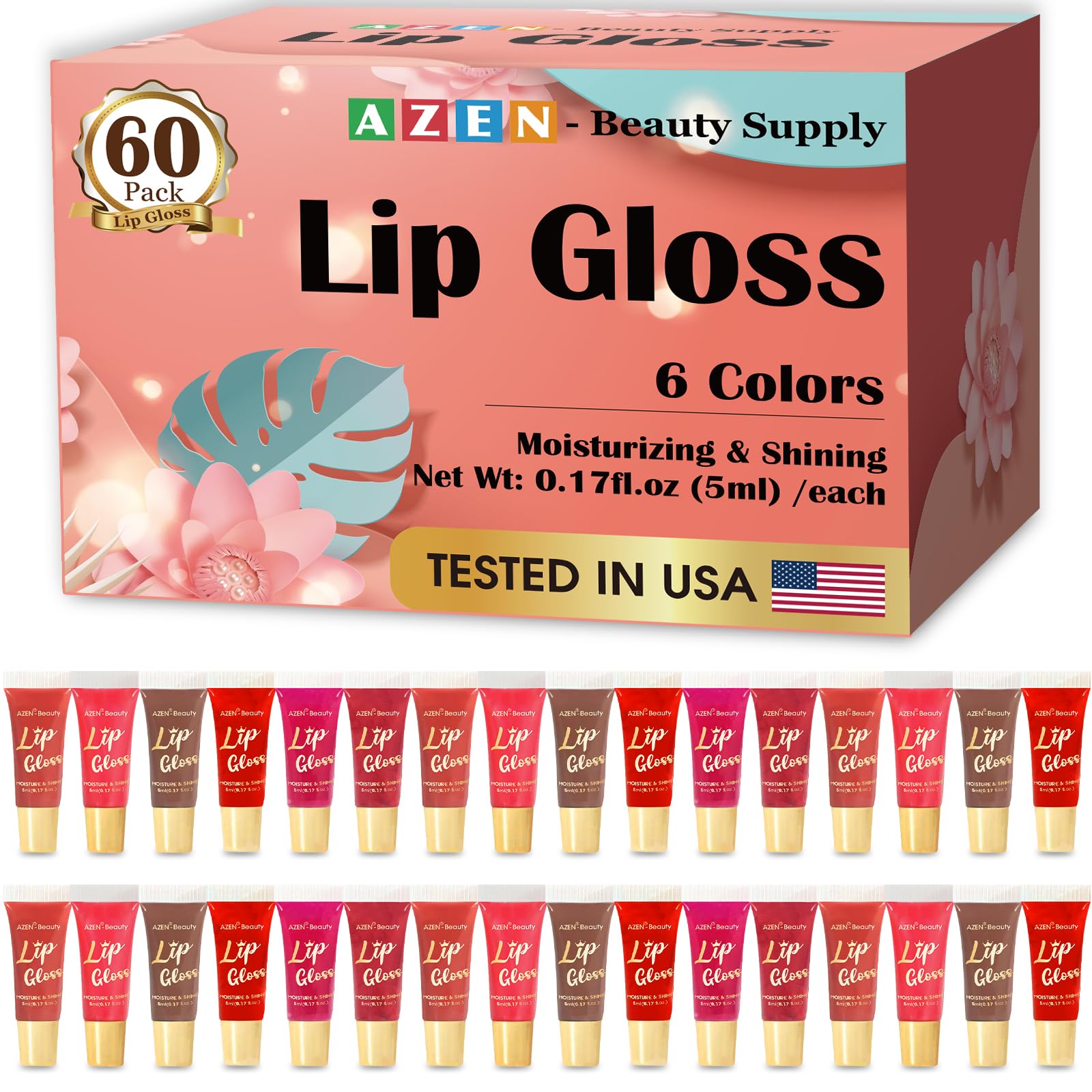 AZEN 60 Pack Lip Gloss Set, Color Lip Oil for Dry Cracked Lips Moisturizing Hydrating Nourishing with Vitamin E B-60
