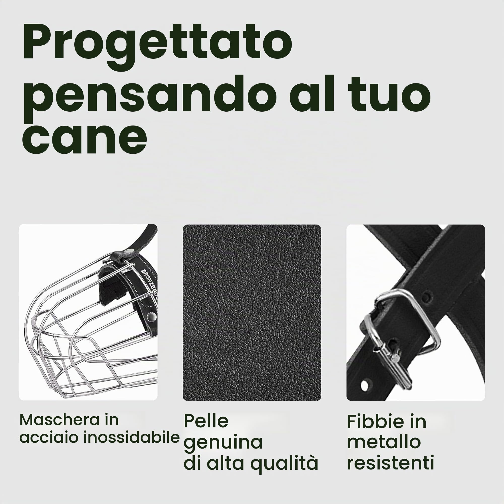 BronzeDog Amstaff - Museruola per cani con maschera metallica e cinghie regolabili in pelle per cani di taglia grande