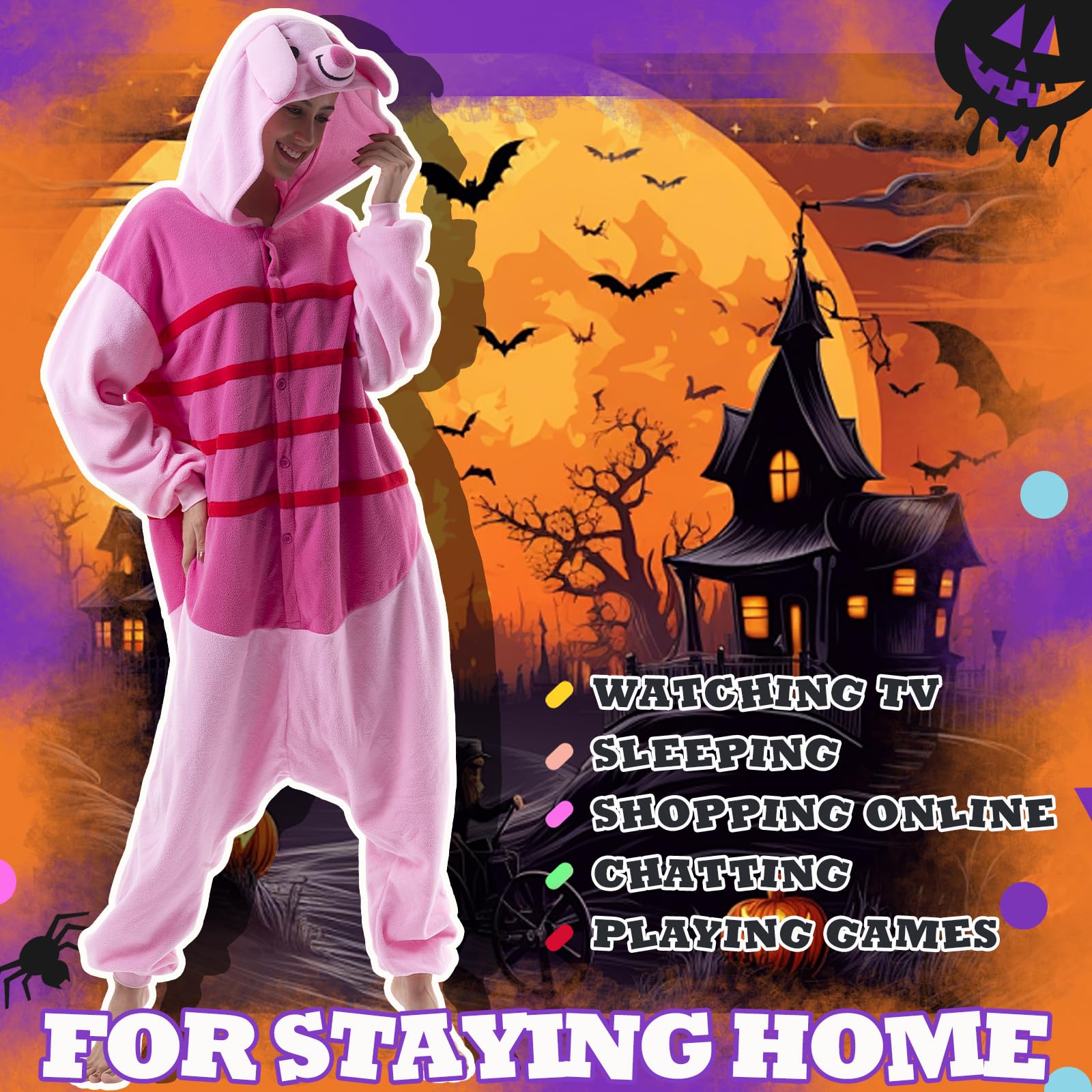 Beauty Shine Unisex Adult Onesie One Piece Pajamas Cosplay Cartoon Costume Halloween Christmas Sleepwear Jumpsuit Homewear: Large Piglet