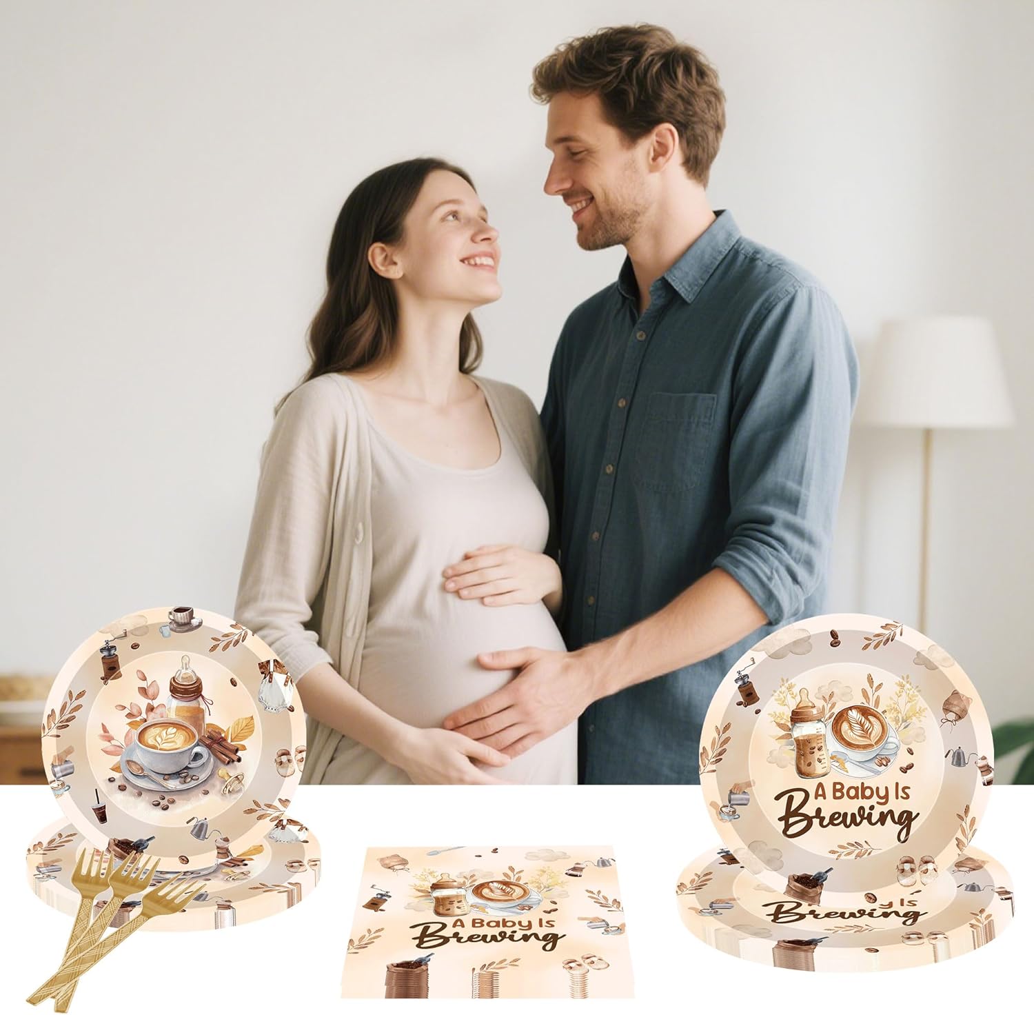96 Pcs A Baby Is Brewing Baby Shower Decorations, Brown Coffee Theme Plates Napkins Forks for 24 Guests, Gender Reveal Tableware Set Party Supplies