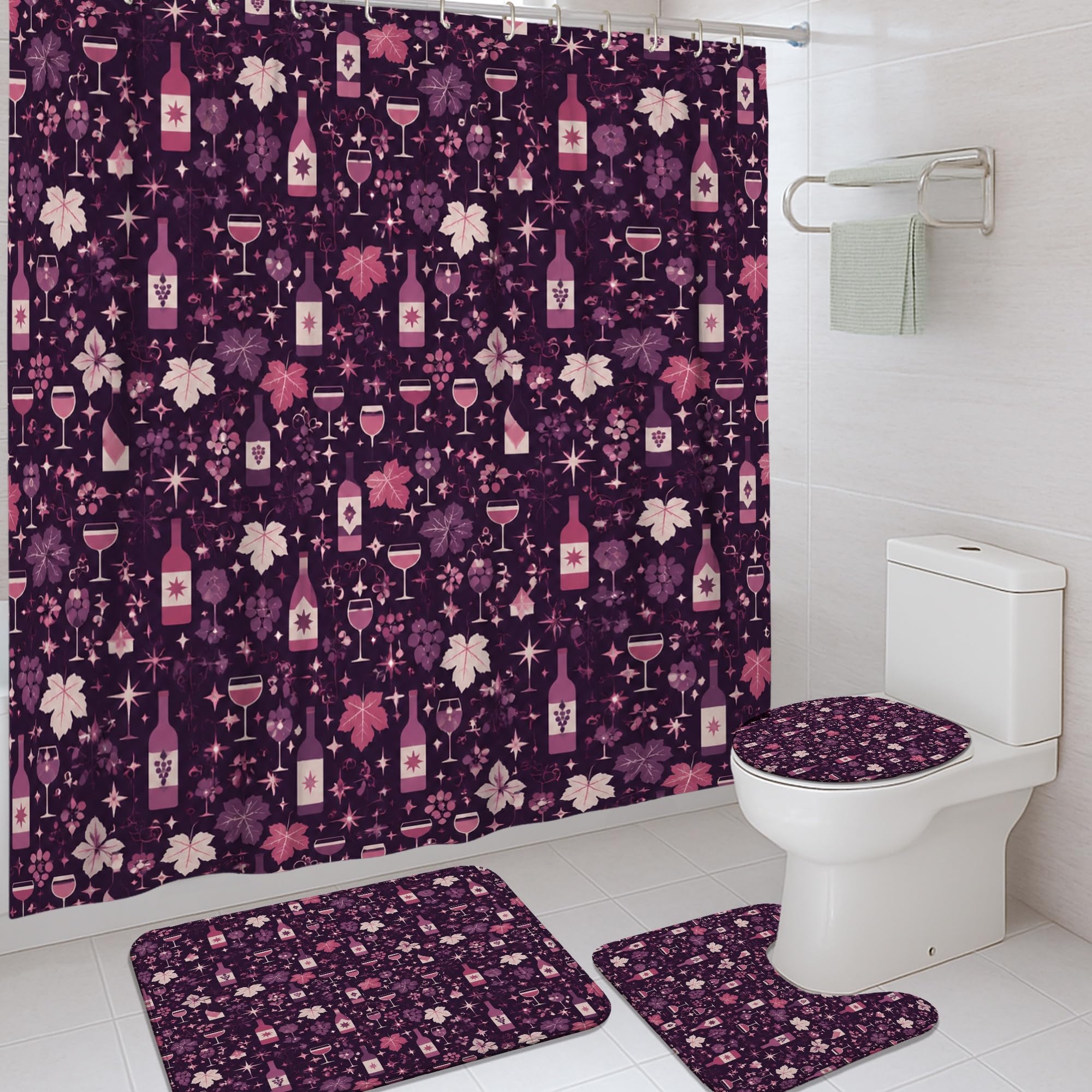 Rideaux de douche violet automnal avec tapis de bain au motif de vin