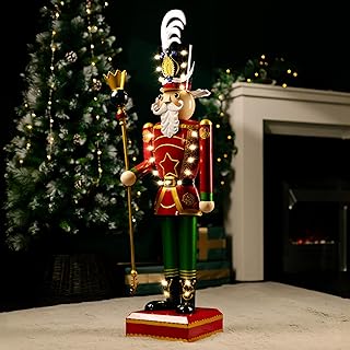 Marco Paul Traditional Metal Christmas Giant Nutcracker Statue with 23 Warm White LEDs Ornaments Battery Operated Hand Painted Decorations Festive Xmas Home Decor (Green & Red)